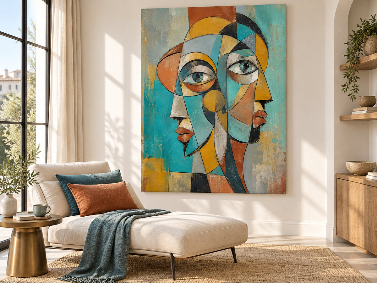 Vintage Cubist Style Hand Painted Art With Textured Finish