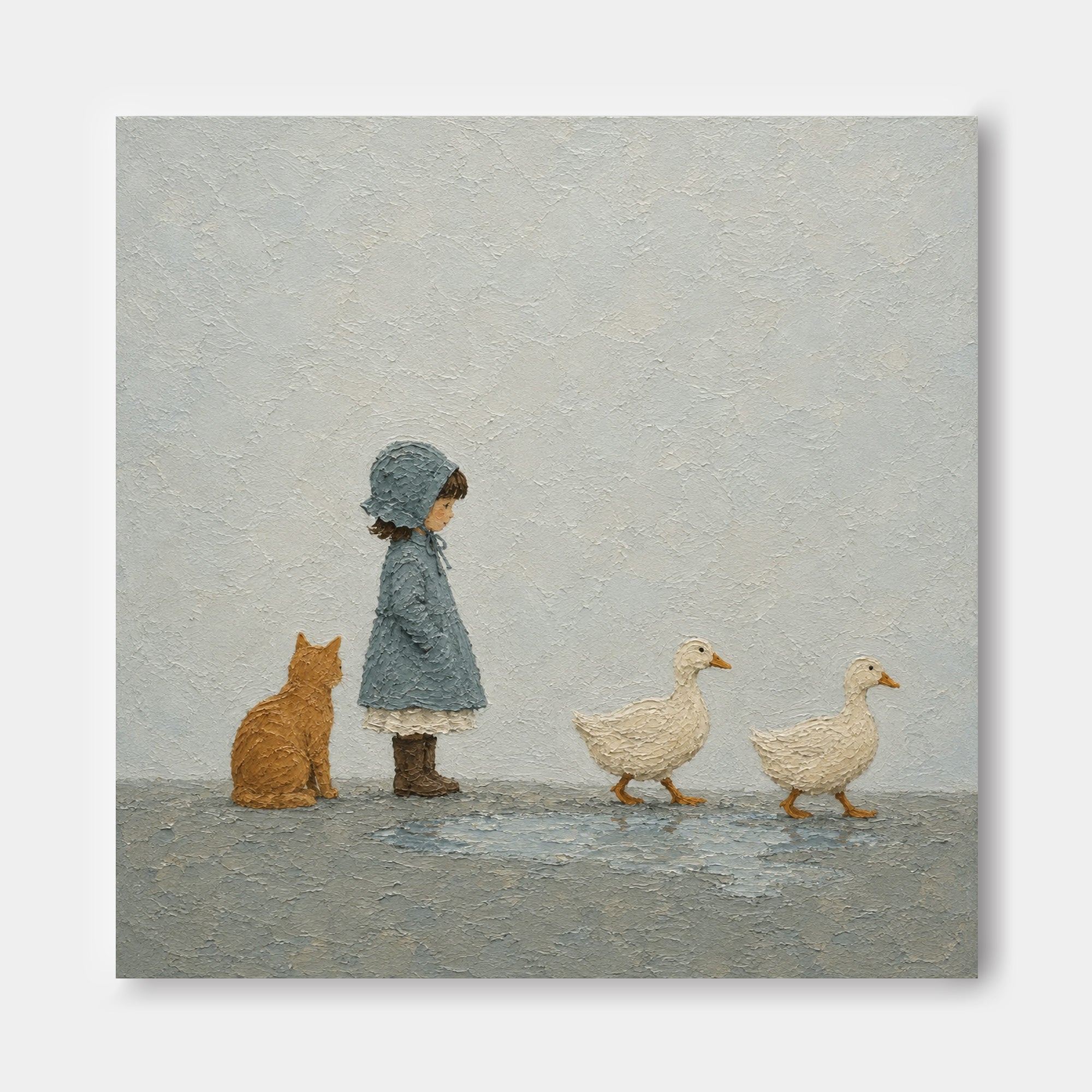 Modern Naive Art Canvas Painting Textured Abstract Animal Scene