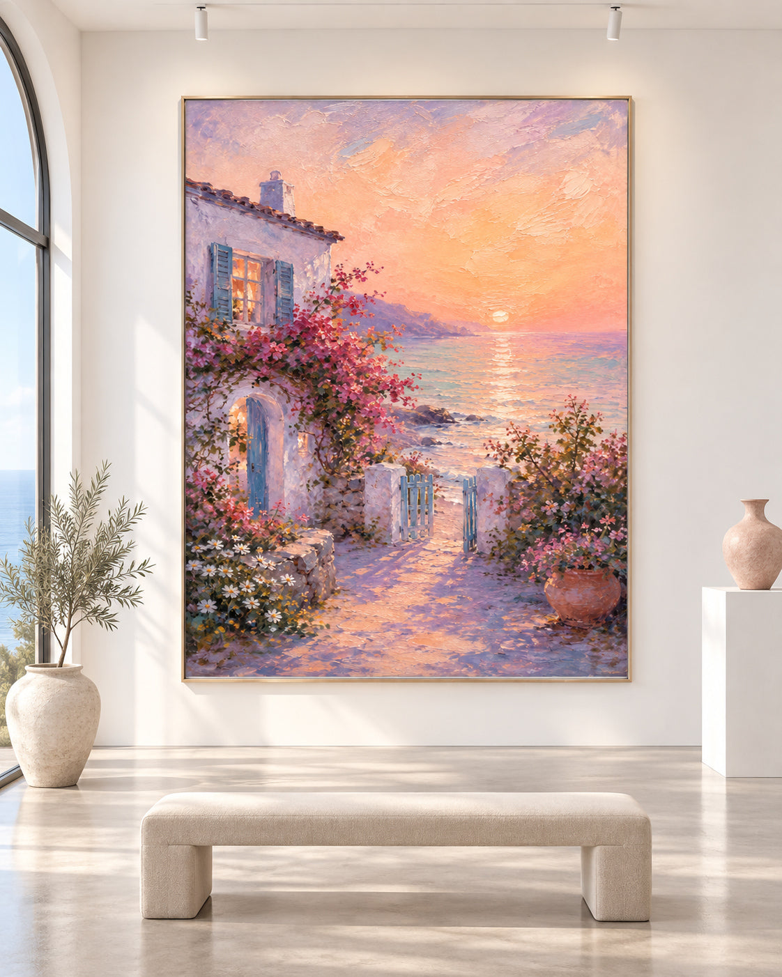 Mediterranean Sunset Cottage Hand-Painted Canvas Art With Pink Flowers