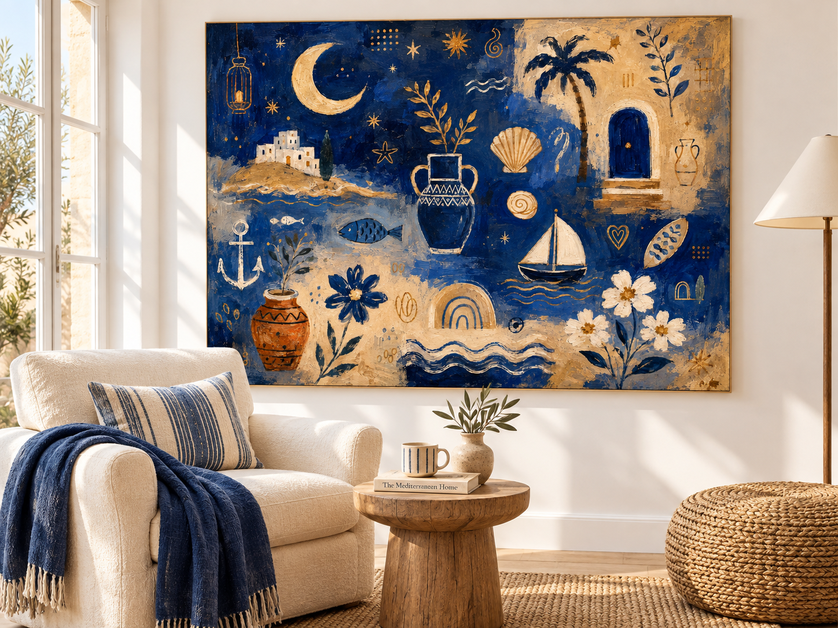 Abstract Modern Vintage Style Painting With Geometric Sea Motifs