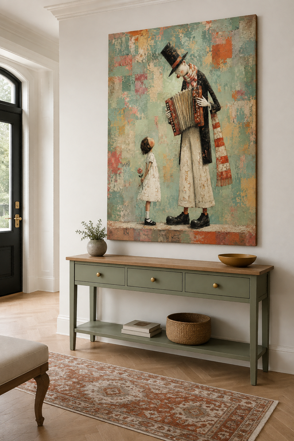 Hand-Painted Accordion Man And Girl Canvas Art With Rose Vintage Style