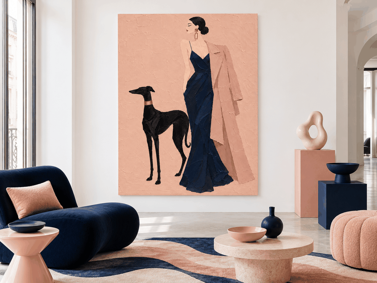 Hand-Painted Woman With Dog Canvas Art In Navy And Pink