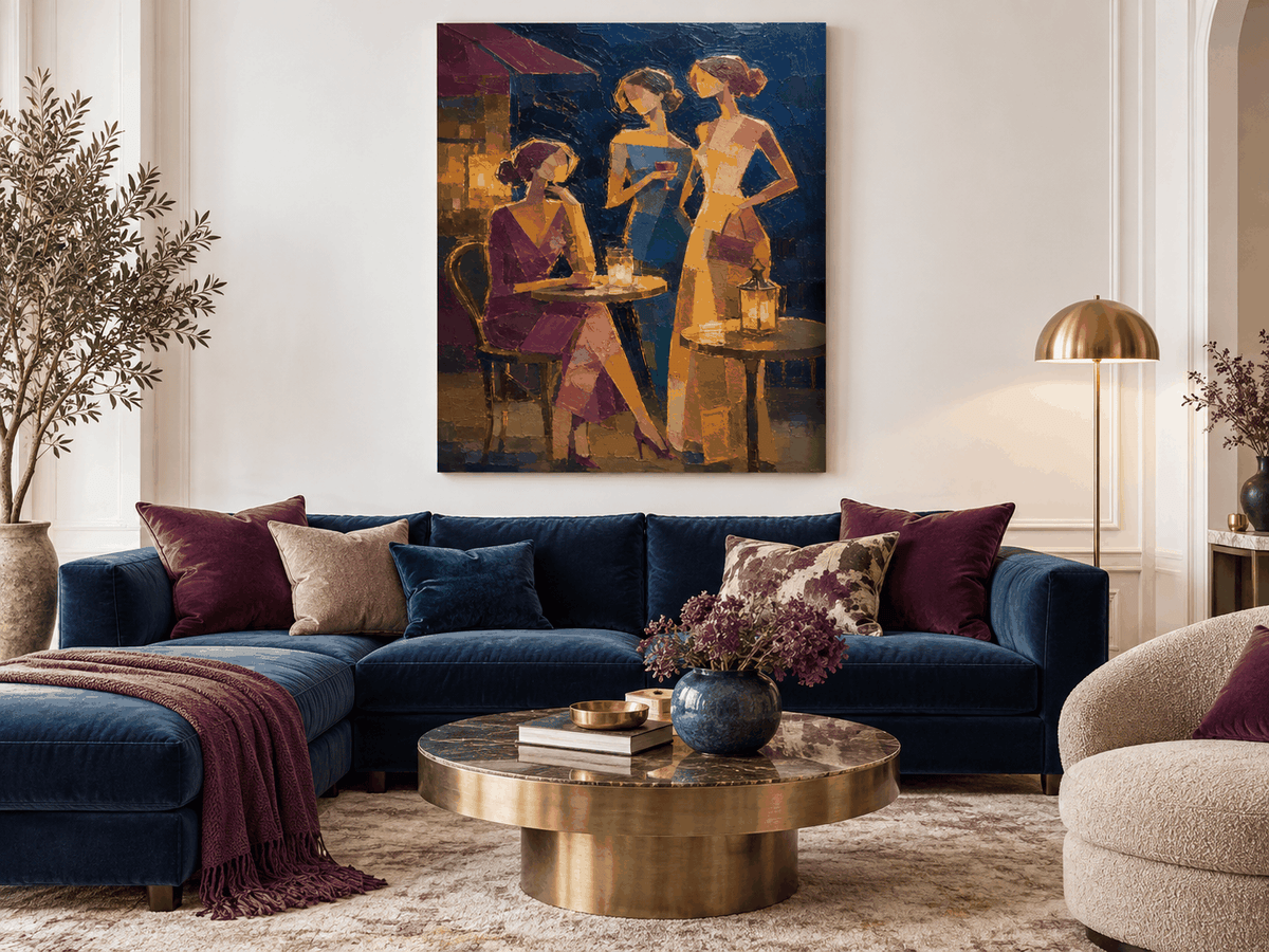 Vintage Women At Night Bar Hand-Painted Canvas Art In Blue And Gold
