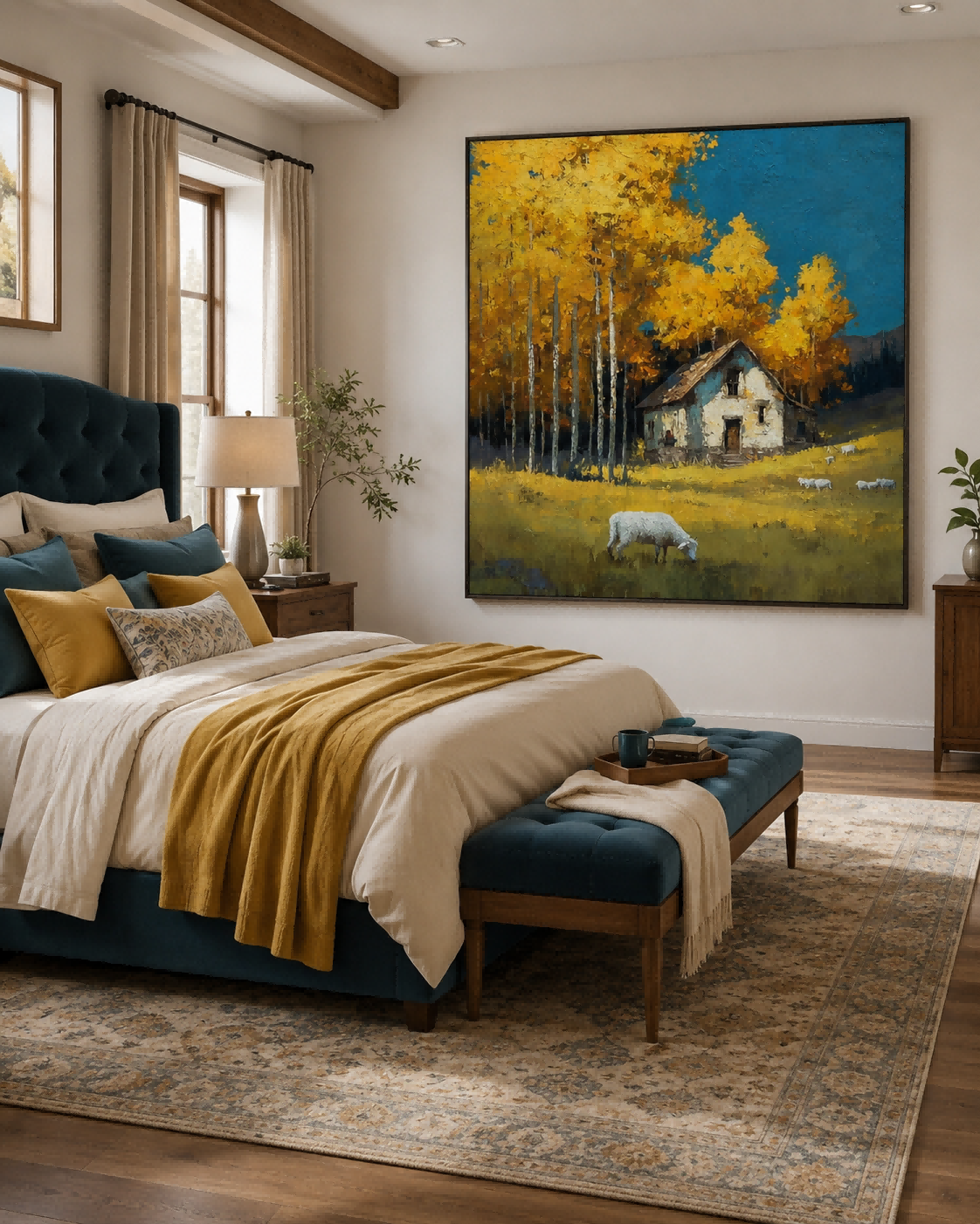Golden Autumn Farmhouse Painting With Sheep In Field For Living Room Wall Decor