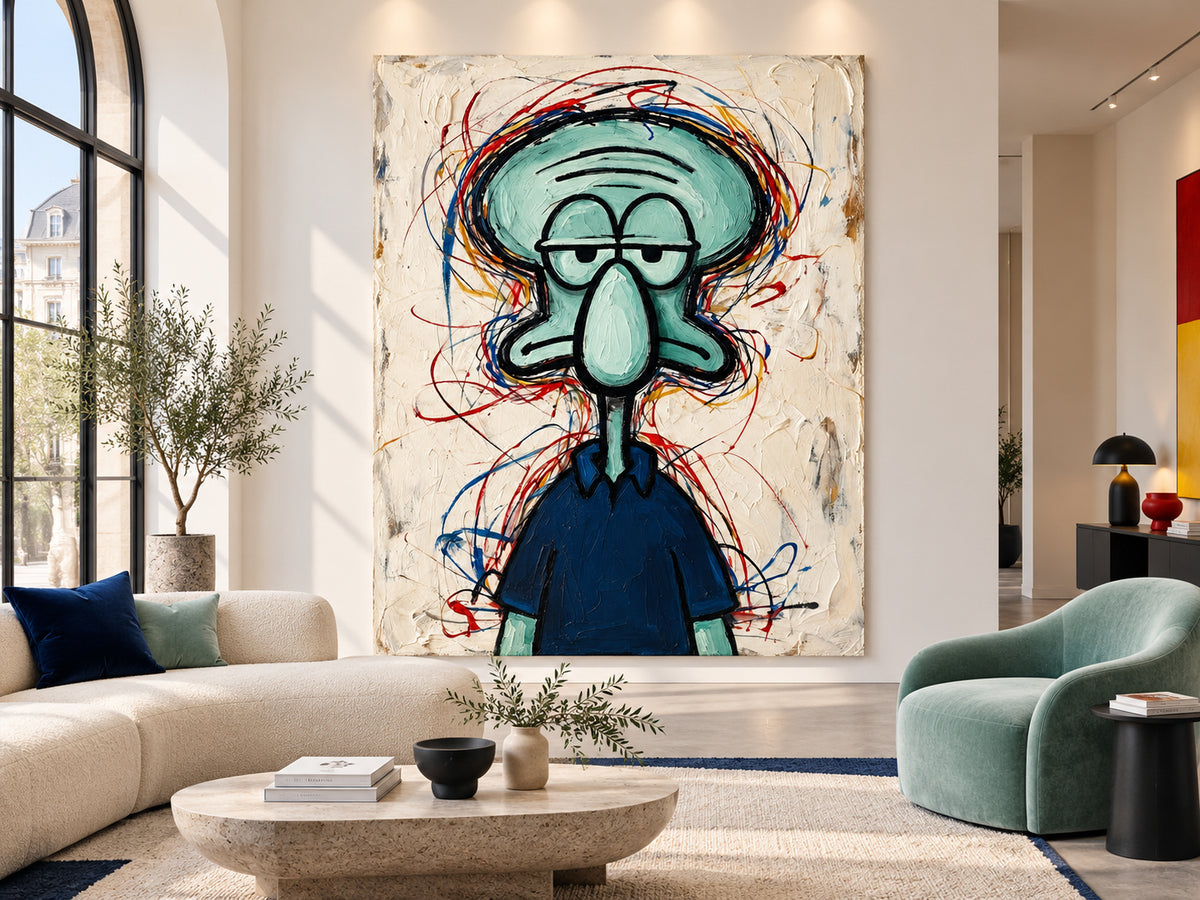 Hand-Painted Squidward Portrait With Colorful Graffiti Lines On Canvas
