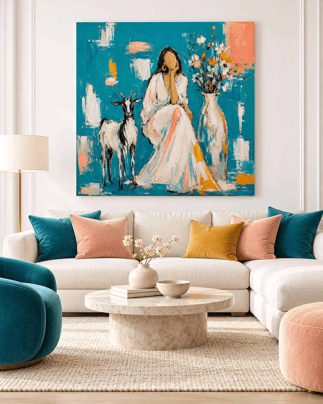 Minimalist Textured Oil Painting With Pastoral Theme And Blue Tone Woman With Goat And Flowers Abstract Canvas Art