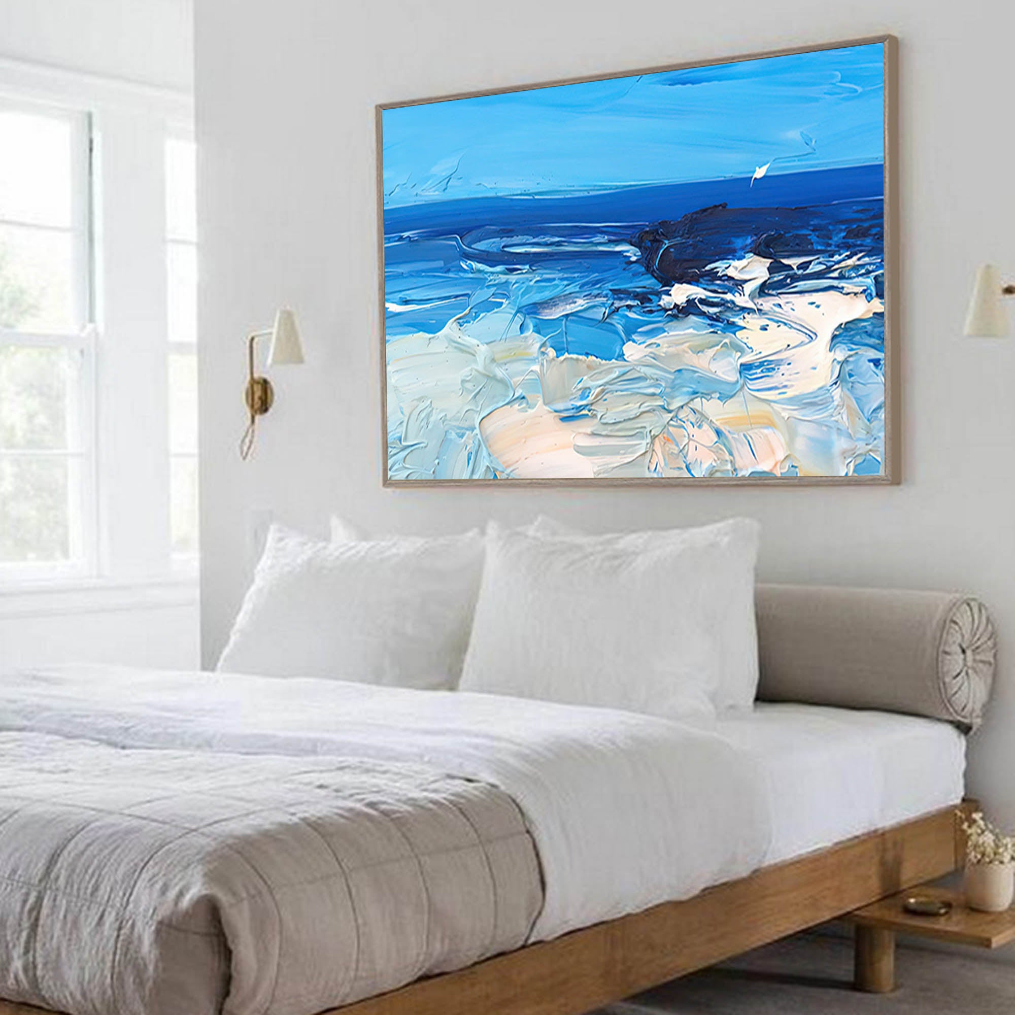 Blue Texture Ocean Abstract Oil Painting Large Ocean Beach Original Painting Ocean Canvas Wall Art Living Room Decor