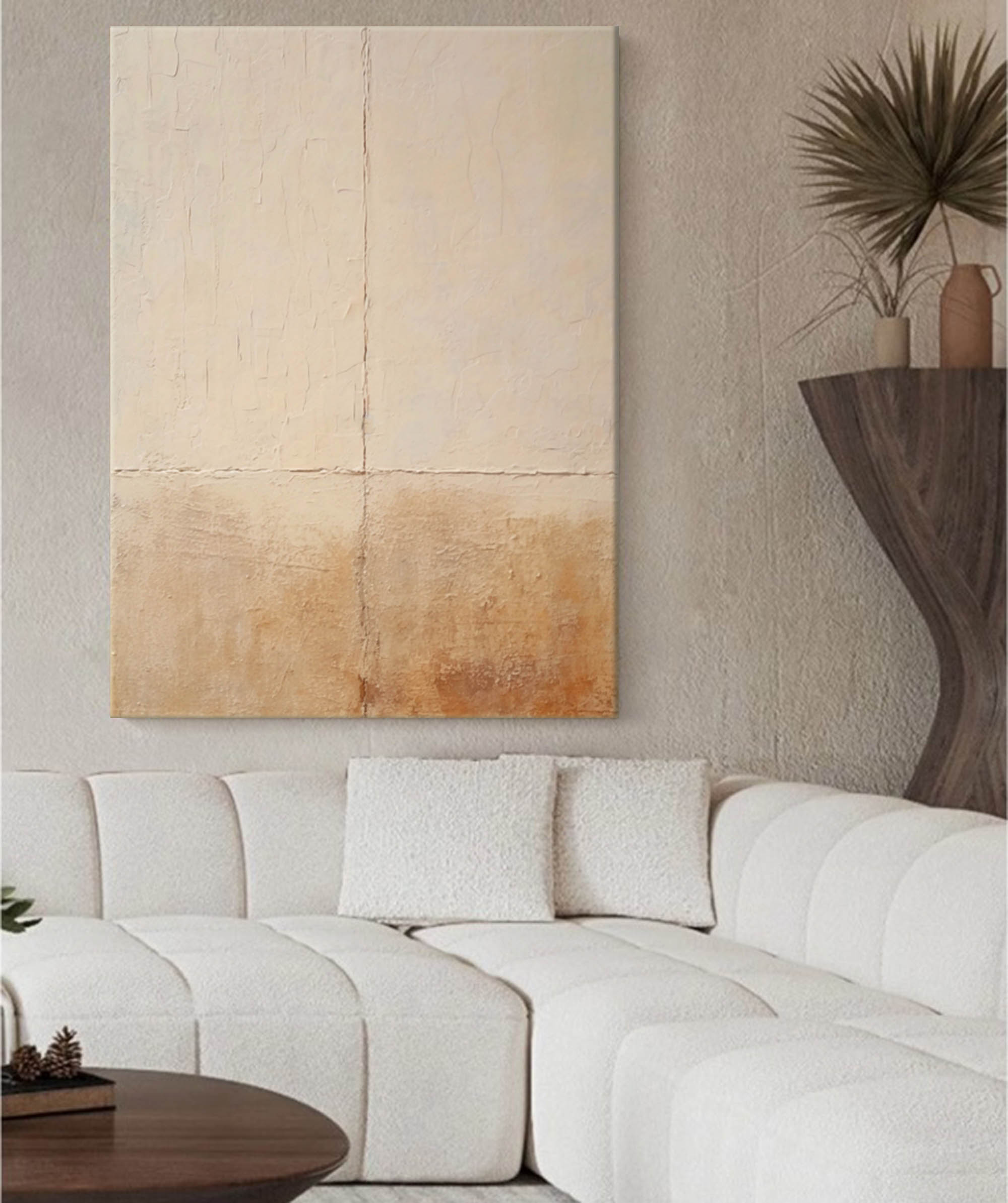 Original Beige and Yellow Minimalist Oil Painting Abstract Large Vintage Wall Art Home Decor
