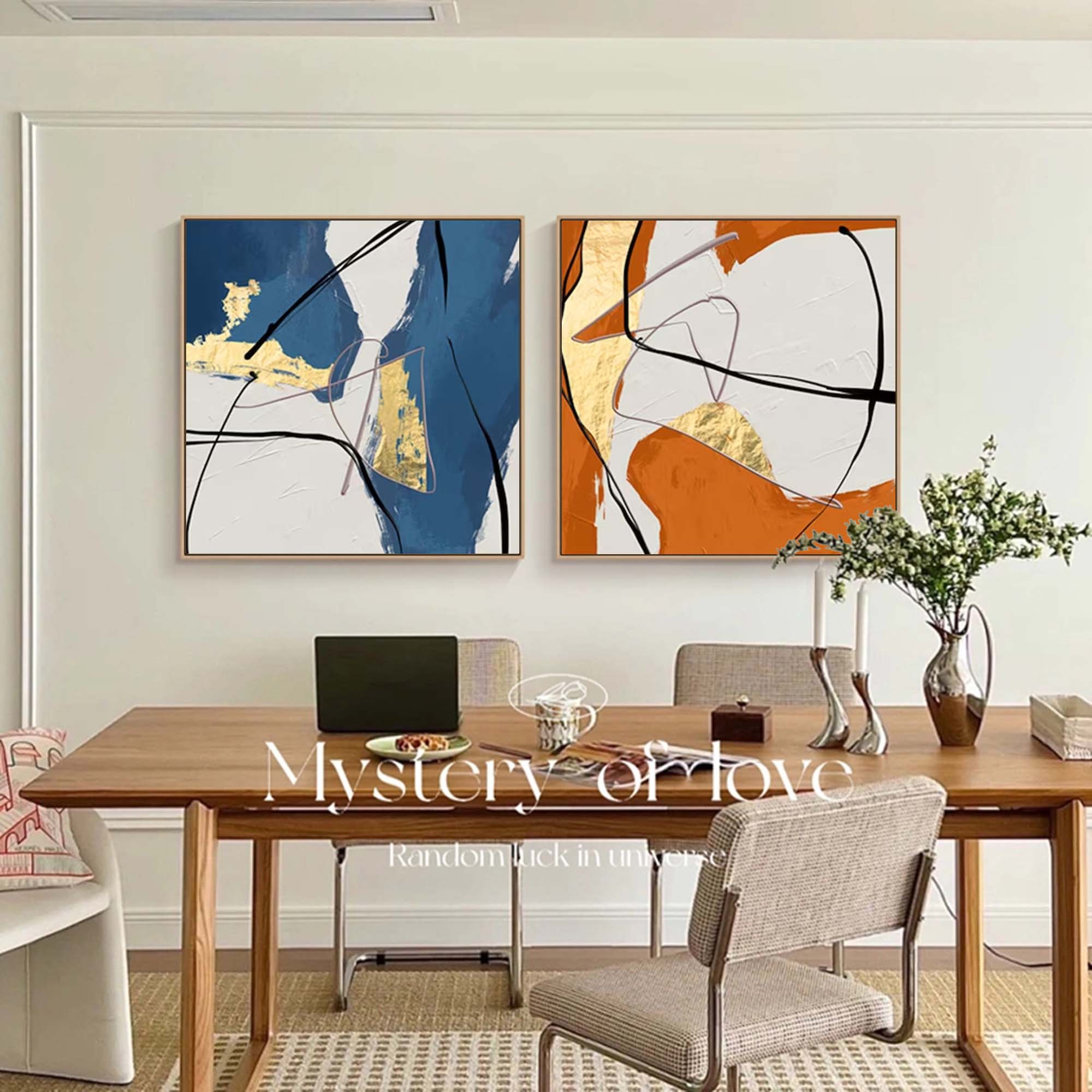 Set of 2 Large Abstract Modern Gold Blue Orange Square Colorful Original Oil Painting On Canvas Living Room