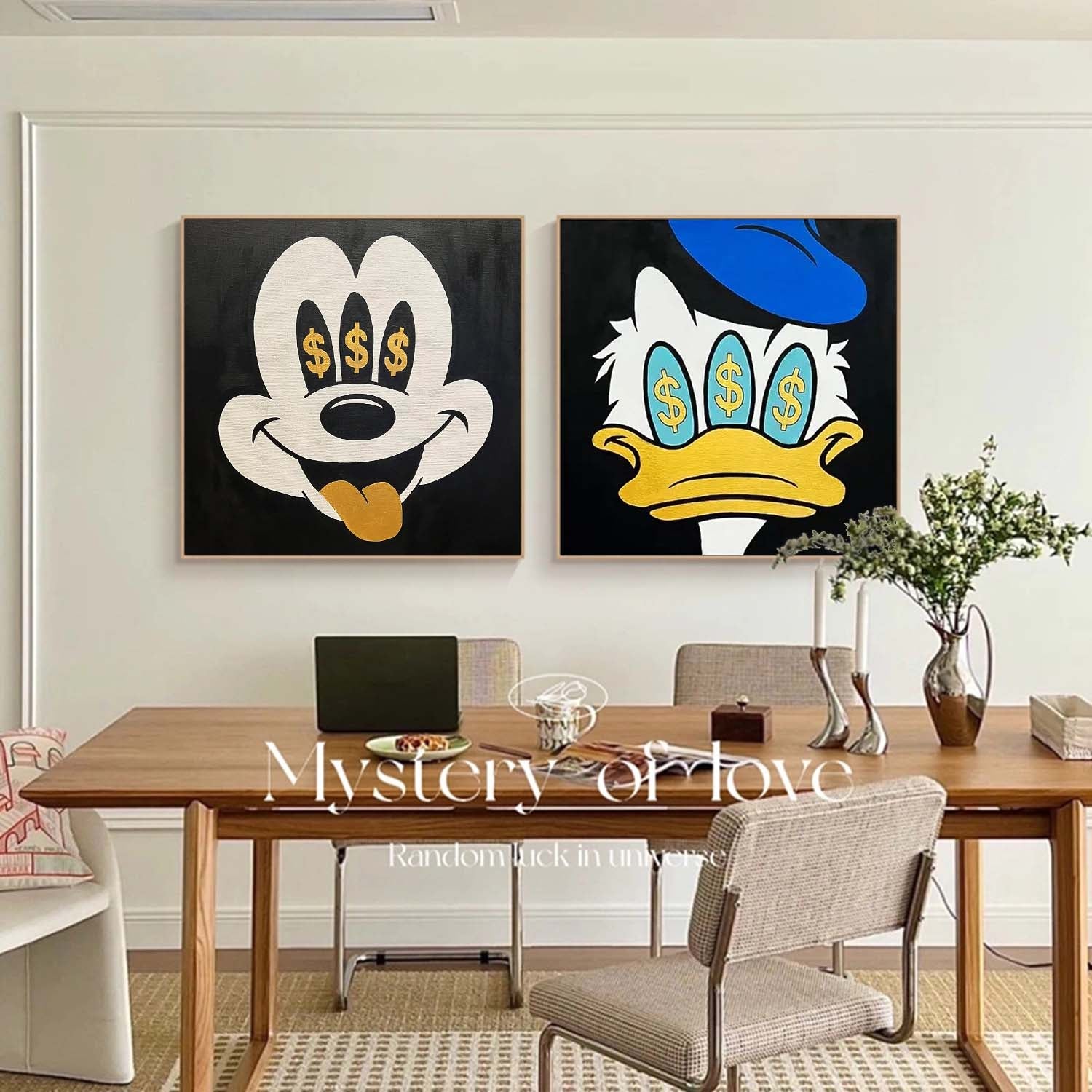 Set of 2 Large Abstract Modern Square Original Oil Paintings On Canvas Graffiti Disney Characters Wall Art