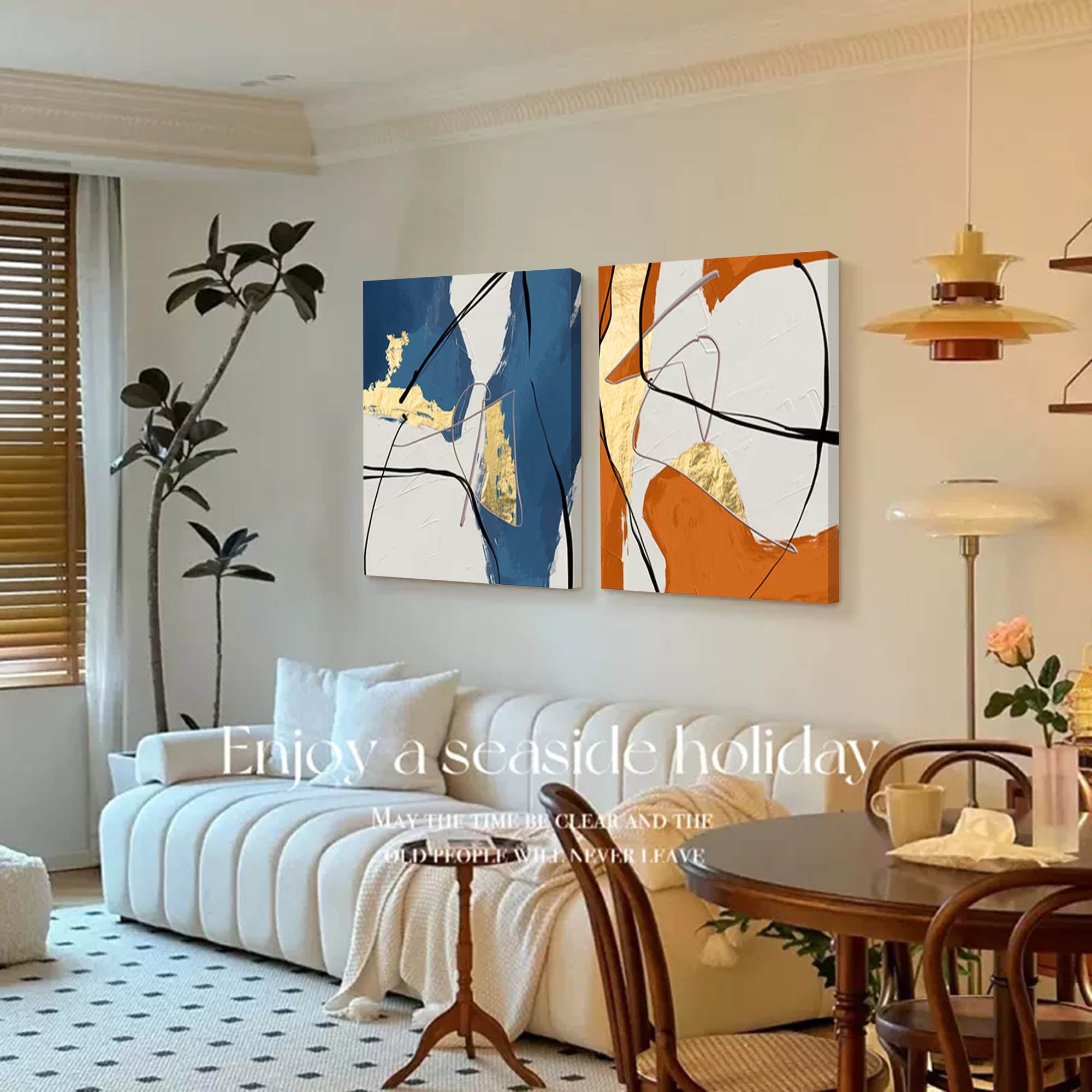 Set of 2 Large Abstract Modern Gold Blue Orange Square Colorful Original Oil Painting On Canvas Living Room