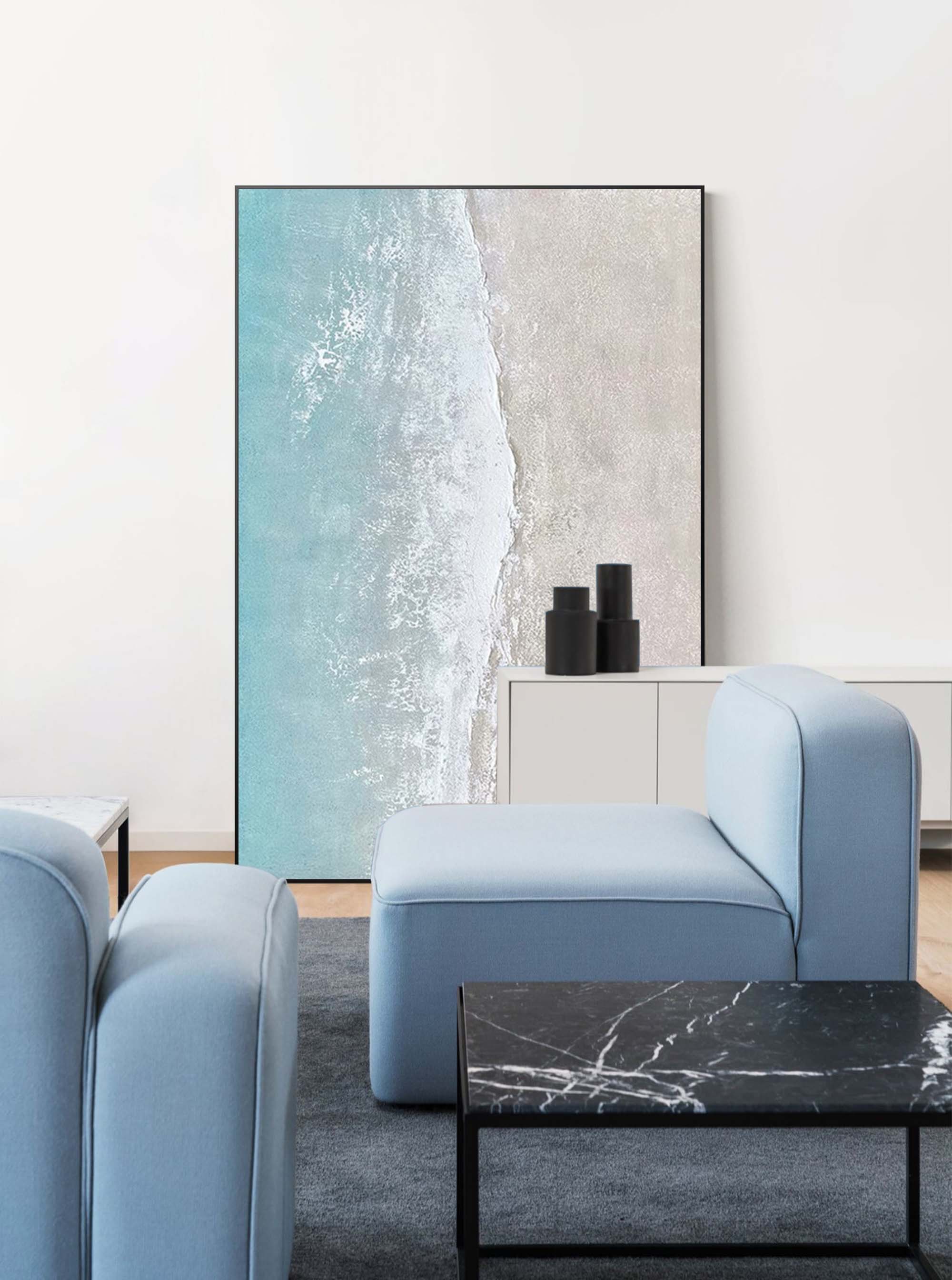 Abstract Original Beach Oil Painting On Canvas Large Blue Ocean Wall Art Seascape Painting Living room Wall Decor