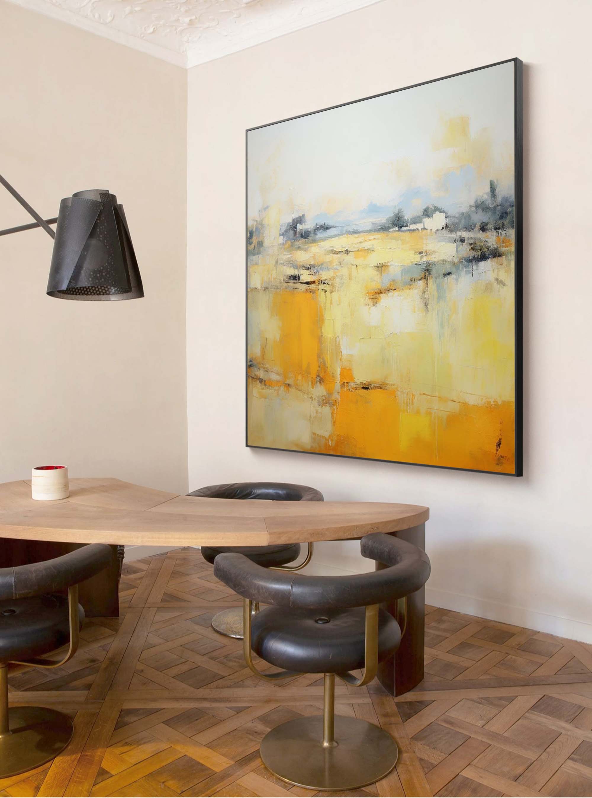 Square Abstract Oil Painting On Canvas Original Yellow Modern Acrylic Painting Large Wall Art Home Decor