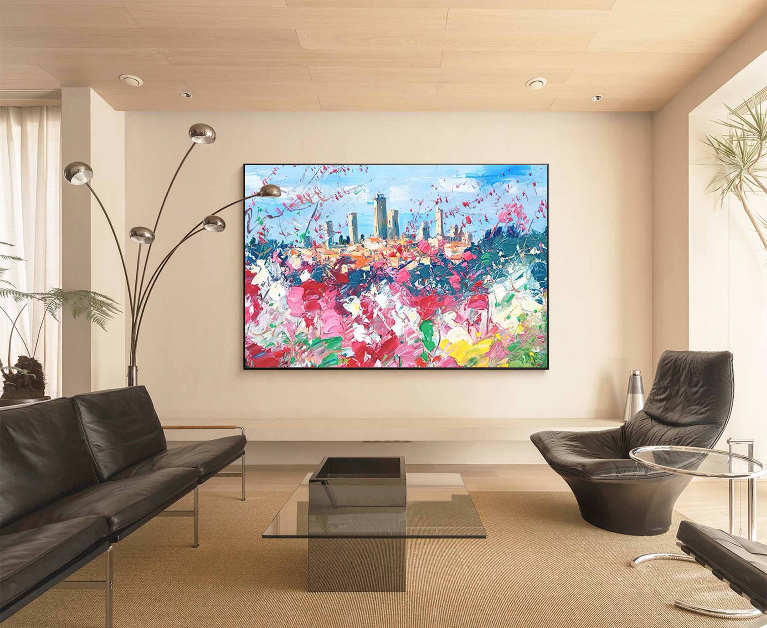 Modern Abstract Cityscape Oil Painting Large Flowers Texture Painting On Canvas Blue Pink Wall Art Living Room Decoration
