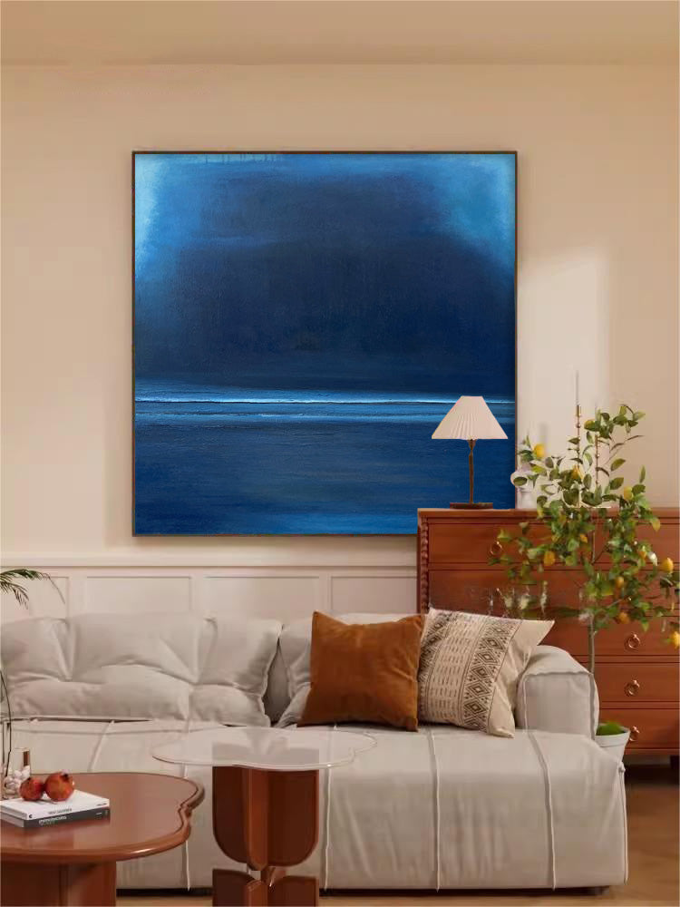 Blue Modern Minimalist Canvas Painting Acrylic Large Abstract Wall Art Framed Wall Decor Free Shipping