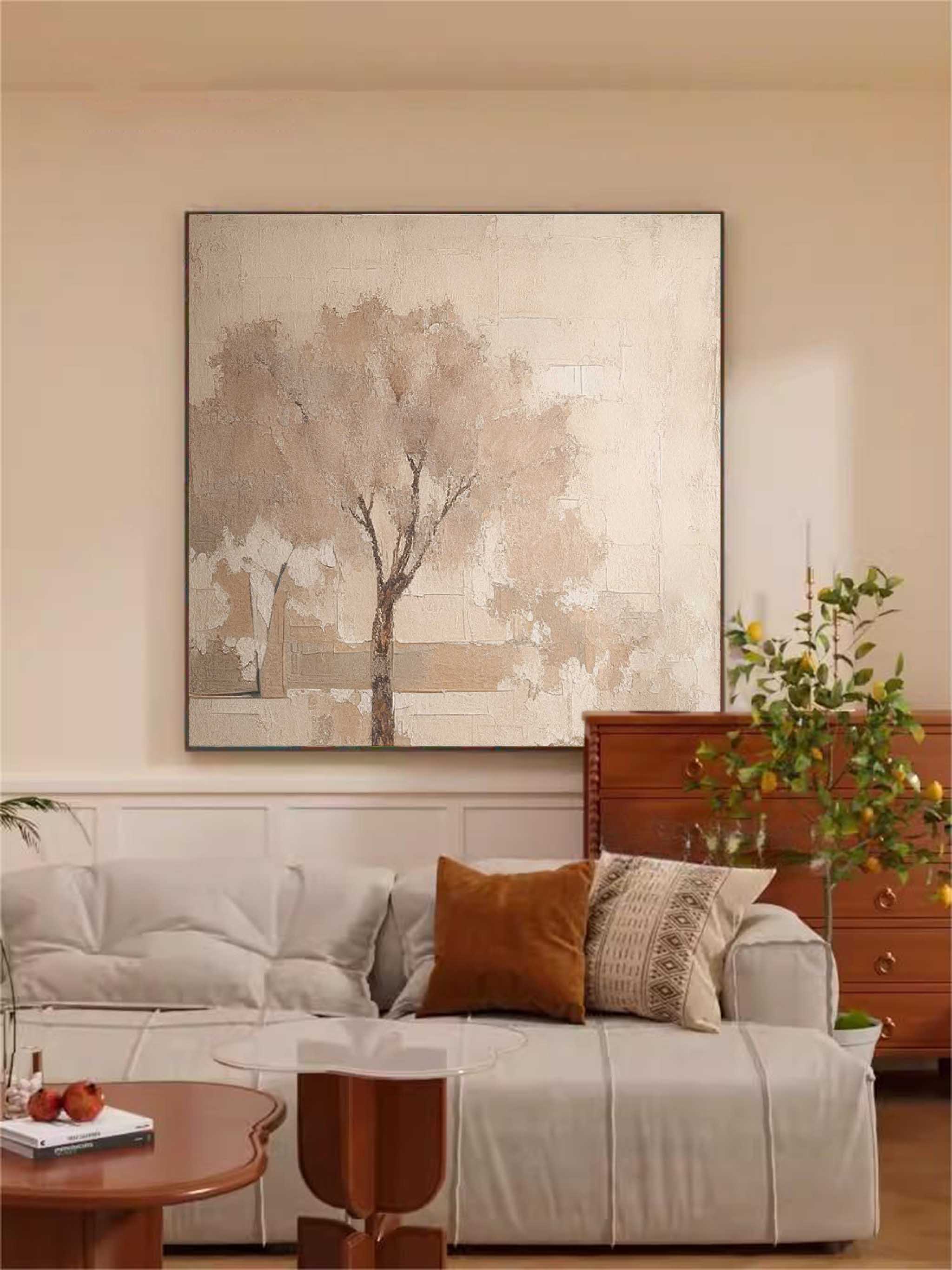 Beige Square Acrylic Painting Canvas Abstract Ink Tree Art Original Painting For Living Room