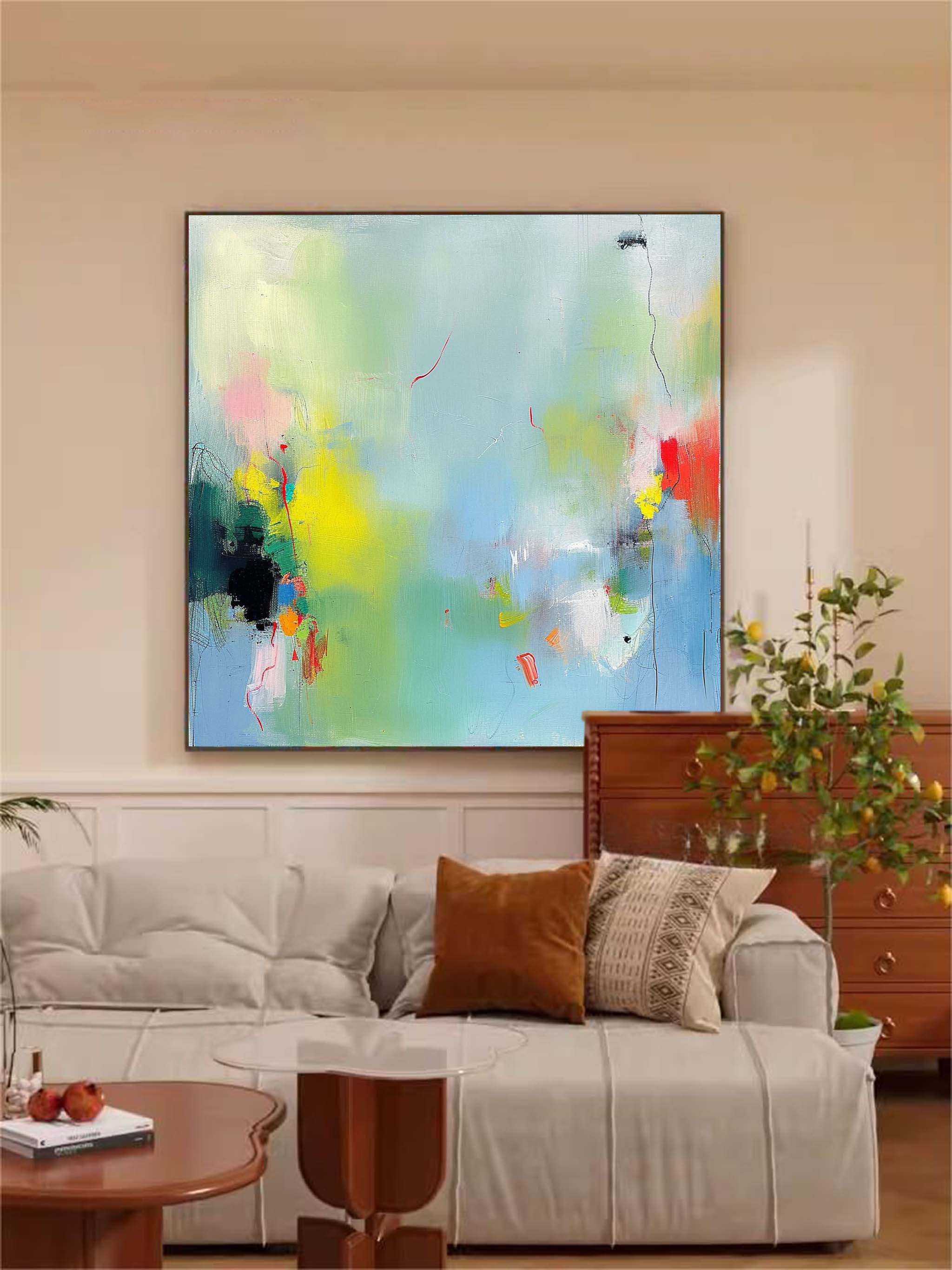 Contemporary Abstract Painting Framed Bright Minimalist Abstract Art Large Acrylic Abstract Canvas Wall art