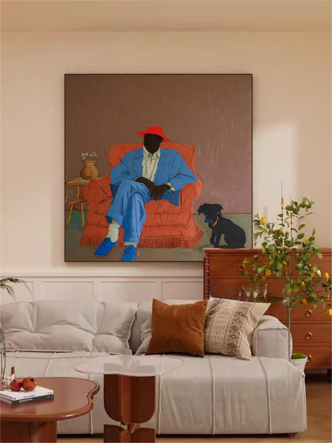 Retro-Style Portrait Oil Painting Man In Red Hat & Blue Suit With Dog Original Warm-Toned Canvas Art Wall Decor