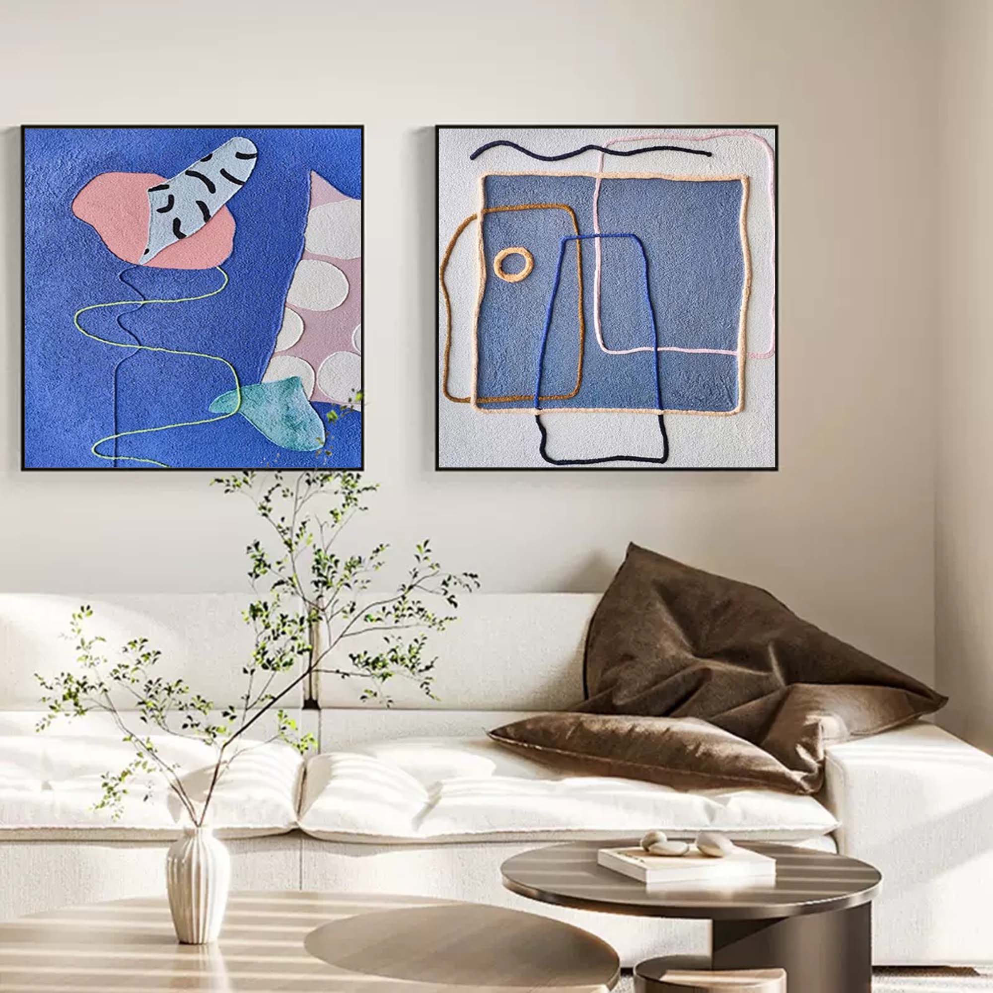 Set of 2 Large Abstract Modern Blue Square Original Oil Paintings On Canvas Graffiti Texture Wall Art Living Room Decor