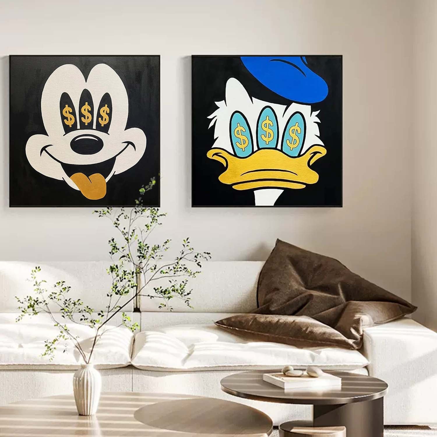 Set of 2 Large Abstract Modern Square Original Oil Paintings On Canvas Graffiti Disney Characters Wall Art