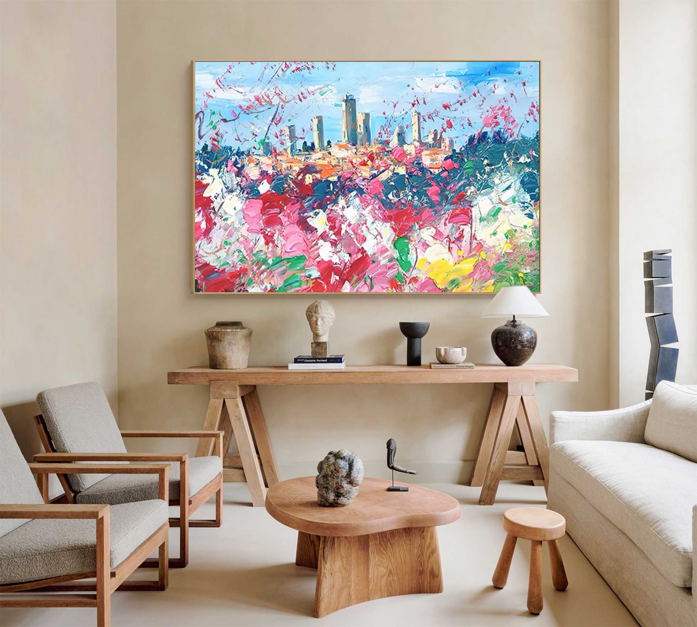 Modern Abstract Cityscape Oil Painting Large Flowers Texture Painting On Canvas Blue Pink Wall Art Living Room Decoration