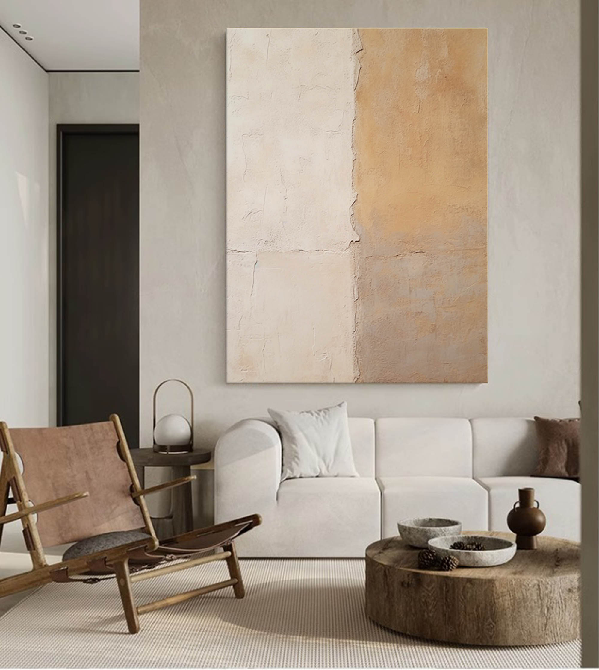 Large Beige and Yellow Minimalist Oil Painting Abstract Original Vintage Wall Art Home Decor