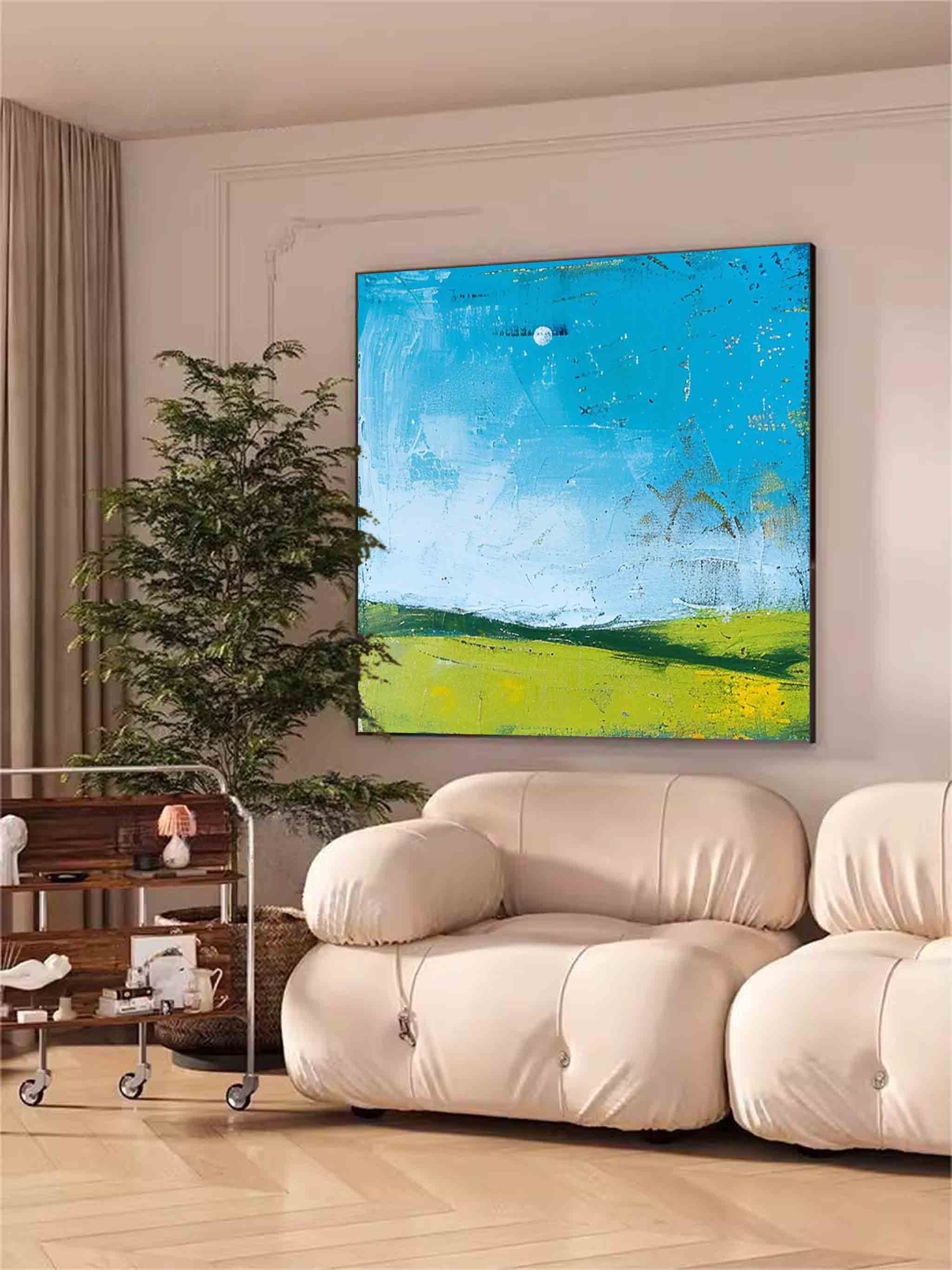 Square Modern Nature Art Large Abstract Green Field Oil Painting On Canvas Original Wall Art Home Decor