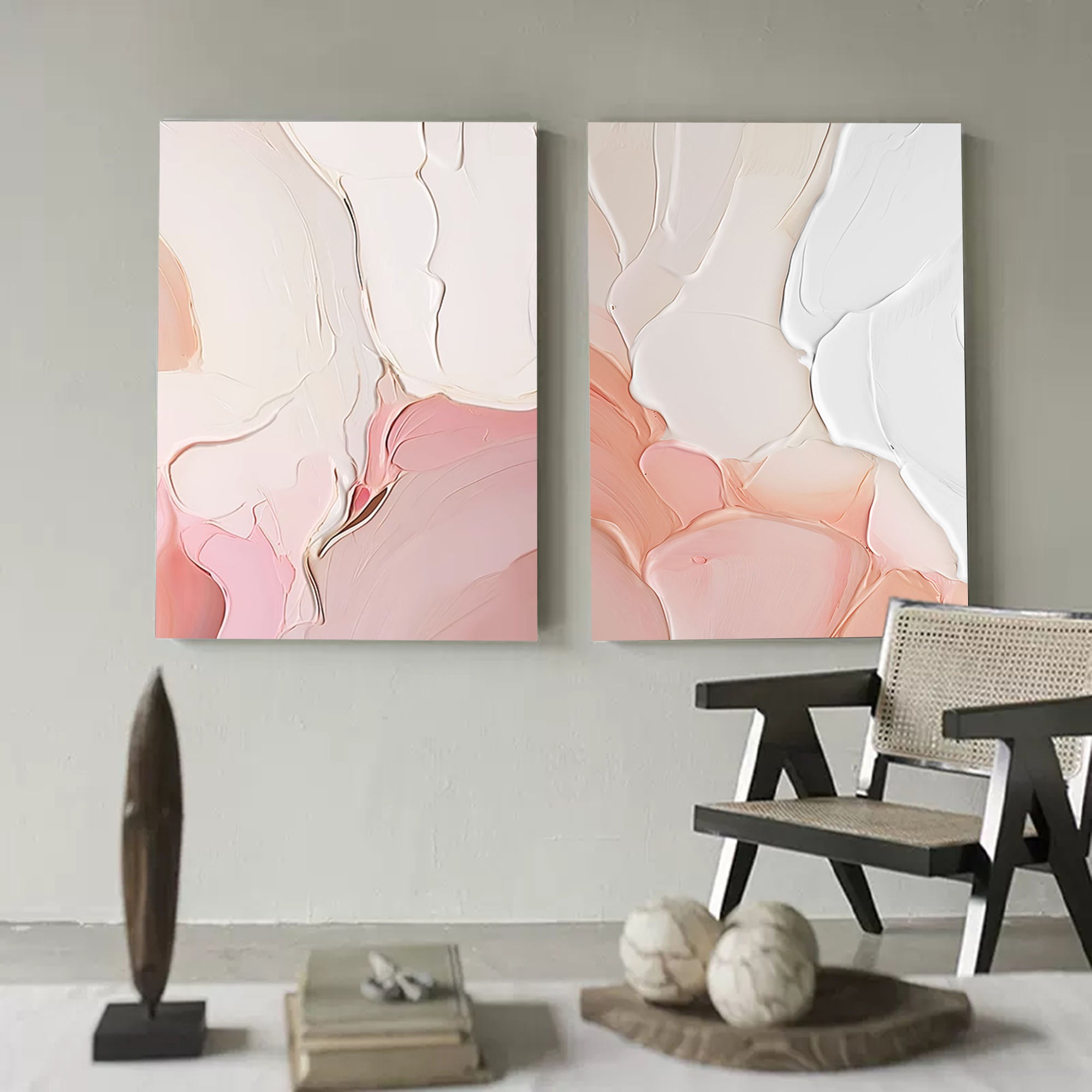 Set of 2 Pink Large Abstract Oil Painting Modern Wall Art Original Texture Oil Painting Living Room Decor