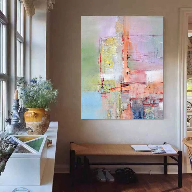 Large Colorful Abstract Rainbow Painting Original Multicolour Oil Painting Modern Line Wall Art Canvas Painting