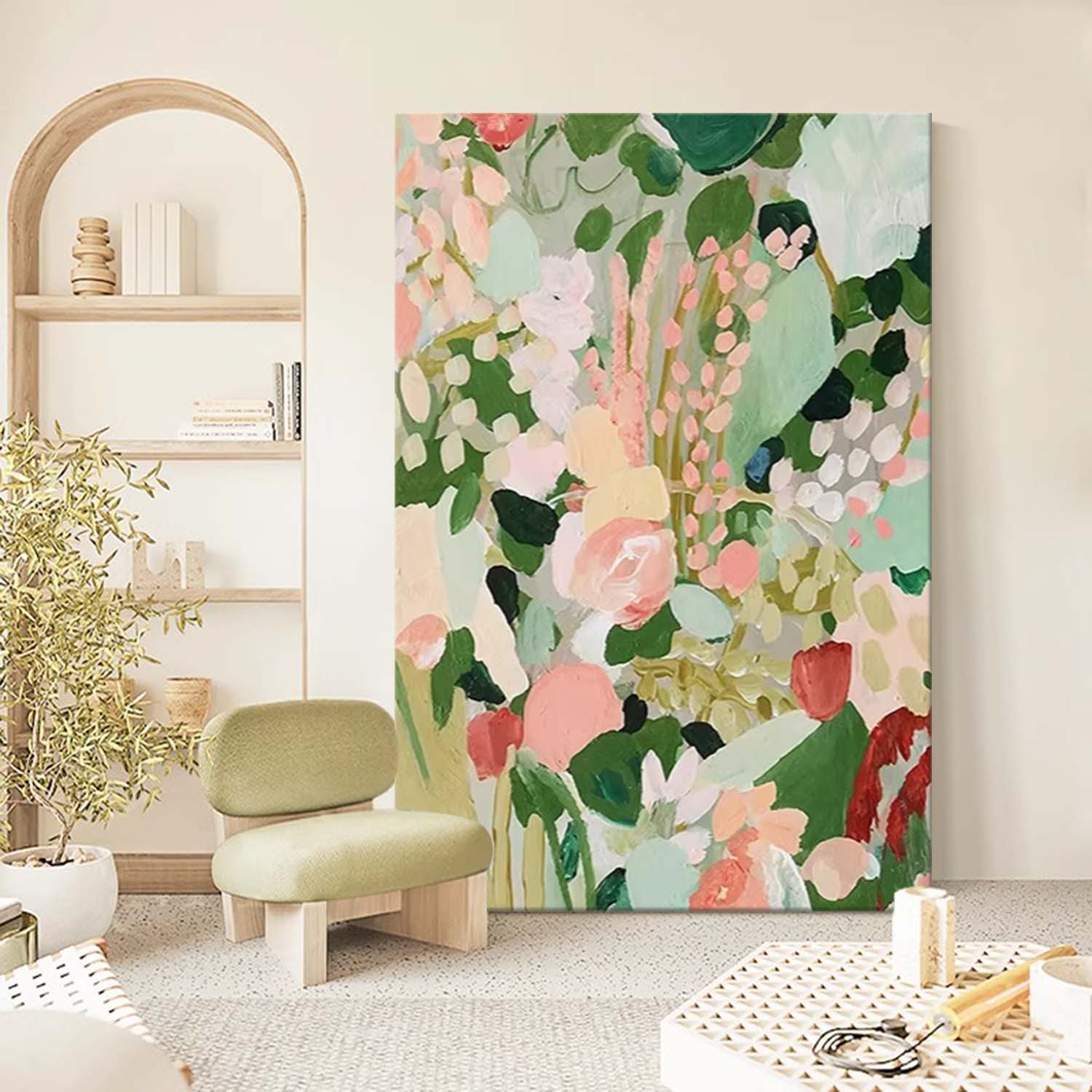 Original Abstract Floral Painting Green Flowers Acrylic Painting Canvas Large Textured Art For Living Room