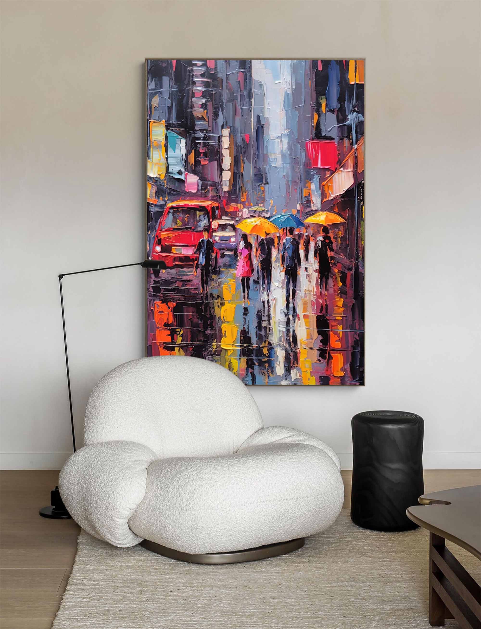Original Modern Rainy Night Cityscape Oil Painting On Canvas Abstract Urban Scene Art Large Wall Art Home Decor