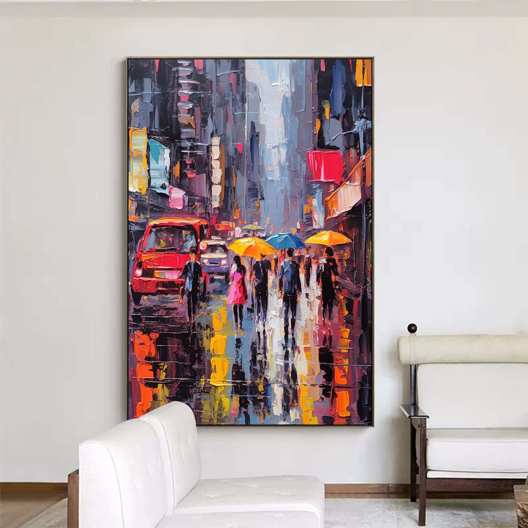 Original Modern Rainy Night Cityscape Oil Painting On Canvas Abstract Urban Scene Art Large Wall Art Home Decor