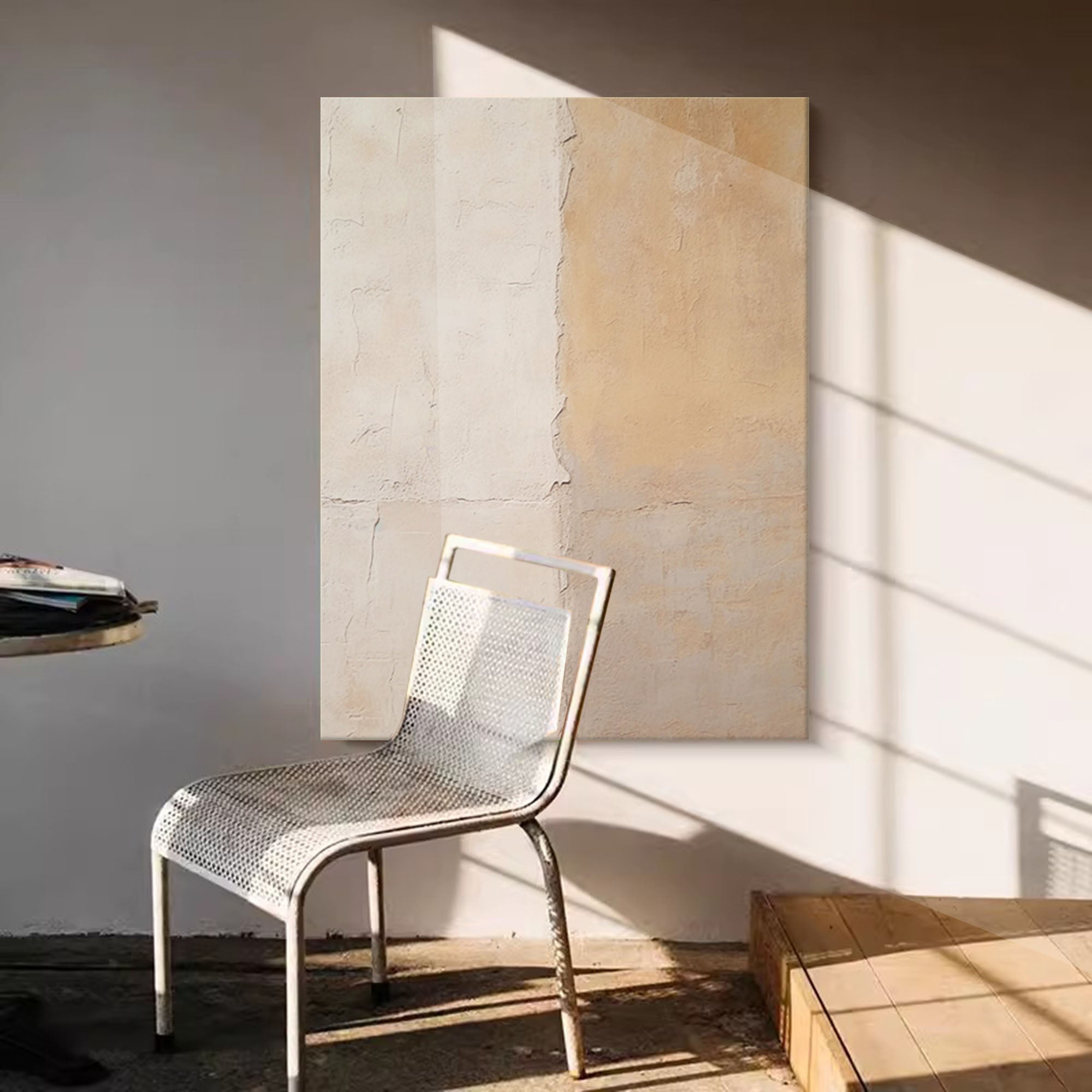 Large Beige and Yellow Minimalist Oil Painting Abstract Original Vintage Wall Art Home Decor