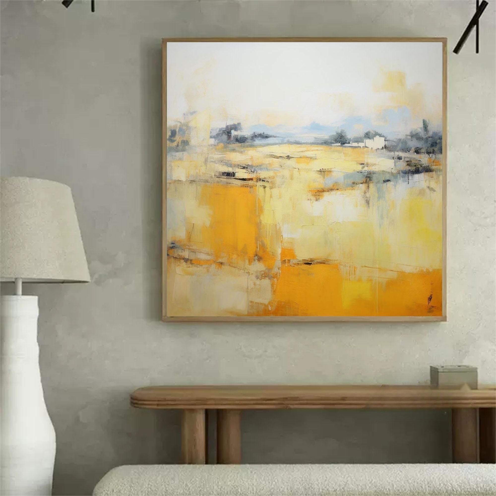Square Abstract Oil Painting On Canvas Original Yellow Modern Acrylic Painting Large Wall Art Home Decor