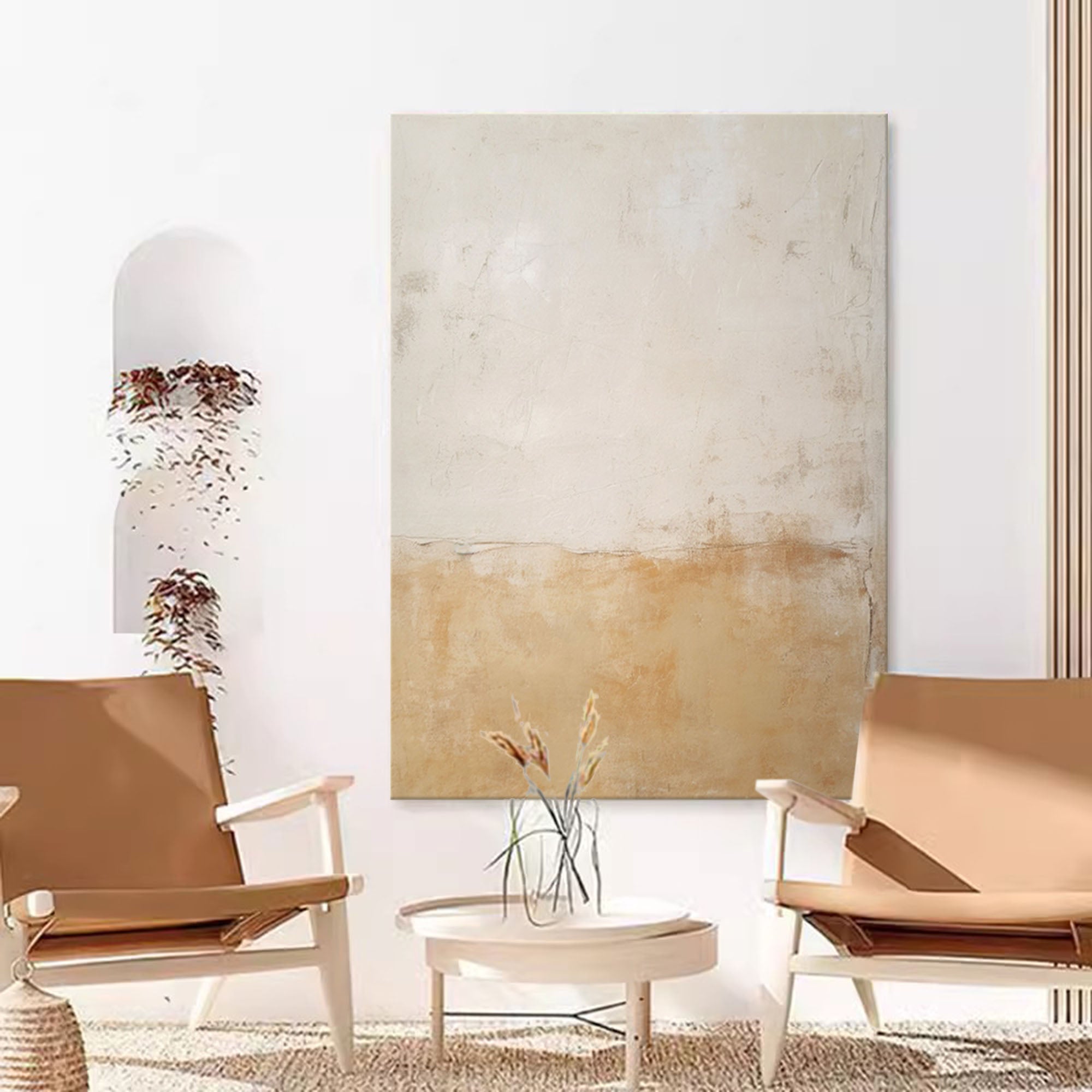 Beige Minimalist Wall Art Canvas With Frame Oil Painting Abstract Large vintage Oil Painting For Living Room