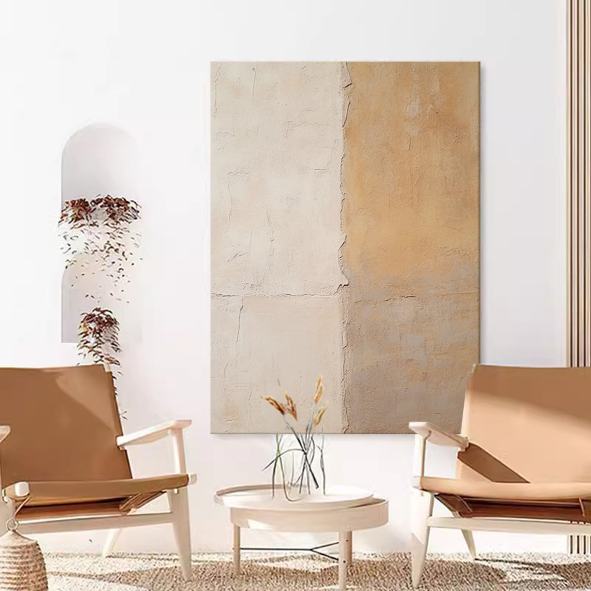 Large Beige and Yellow Minimalist Oil Painting Abstract Original Vintage Wall Art Home Decor