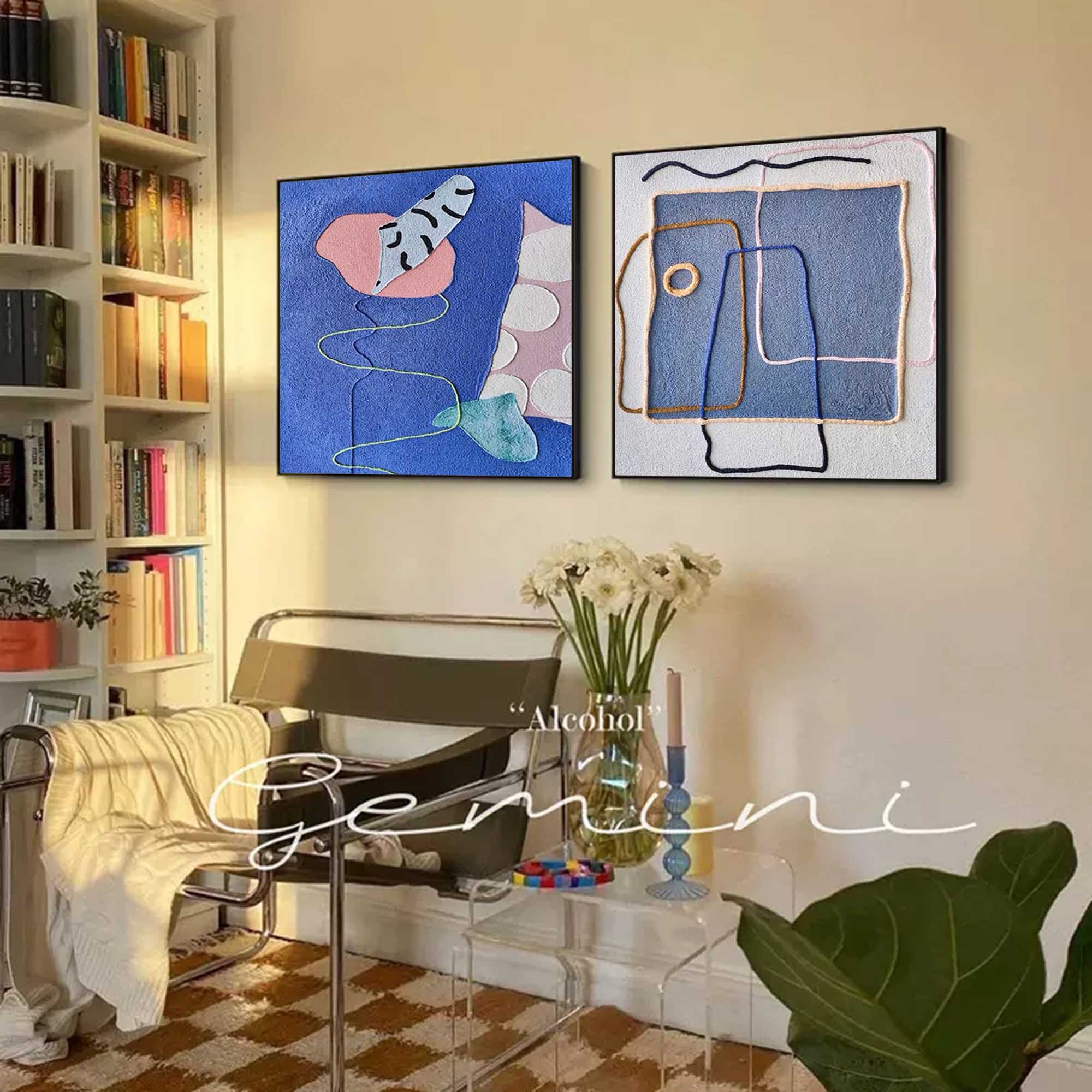 Set of 2 Large Abstract Modern Blue Square Original Oil Paintings On Canvas Graffiti Texture Wall Art Living Room Decor