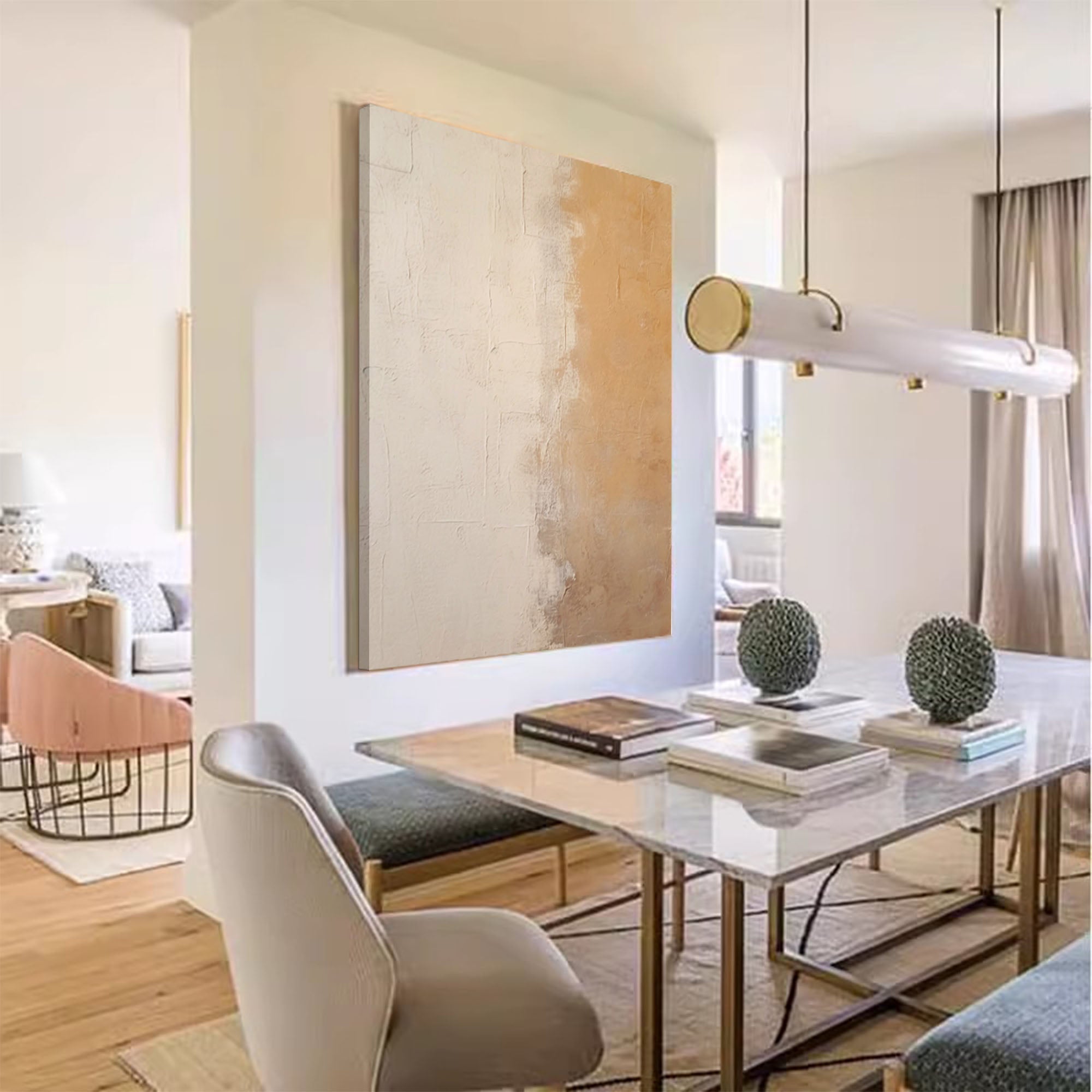 Large Beige Minimalist Wall Art Canvas With Frame Oil Painting Abstract Large vintage Oil Painting Home Decor