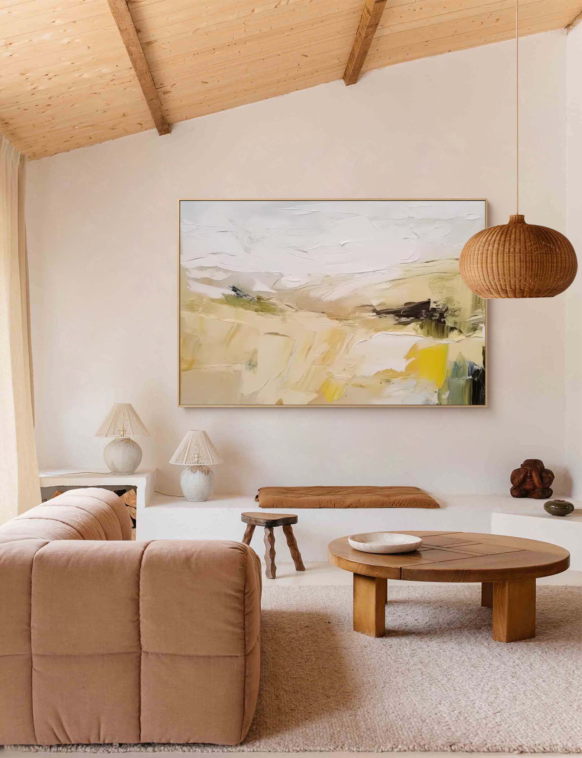 Large Abstract Landscape Oil Painting On Canvas Original Minimalist Yellow Wall Art Modern Nature Art for Living Room