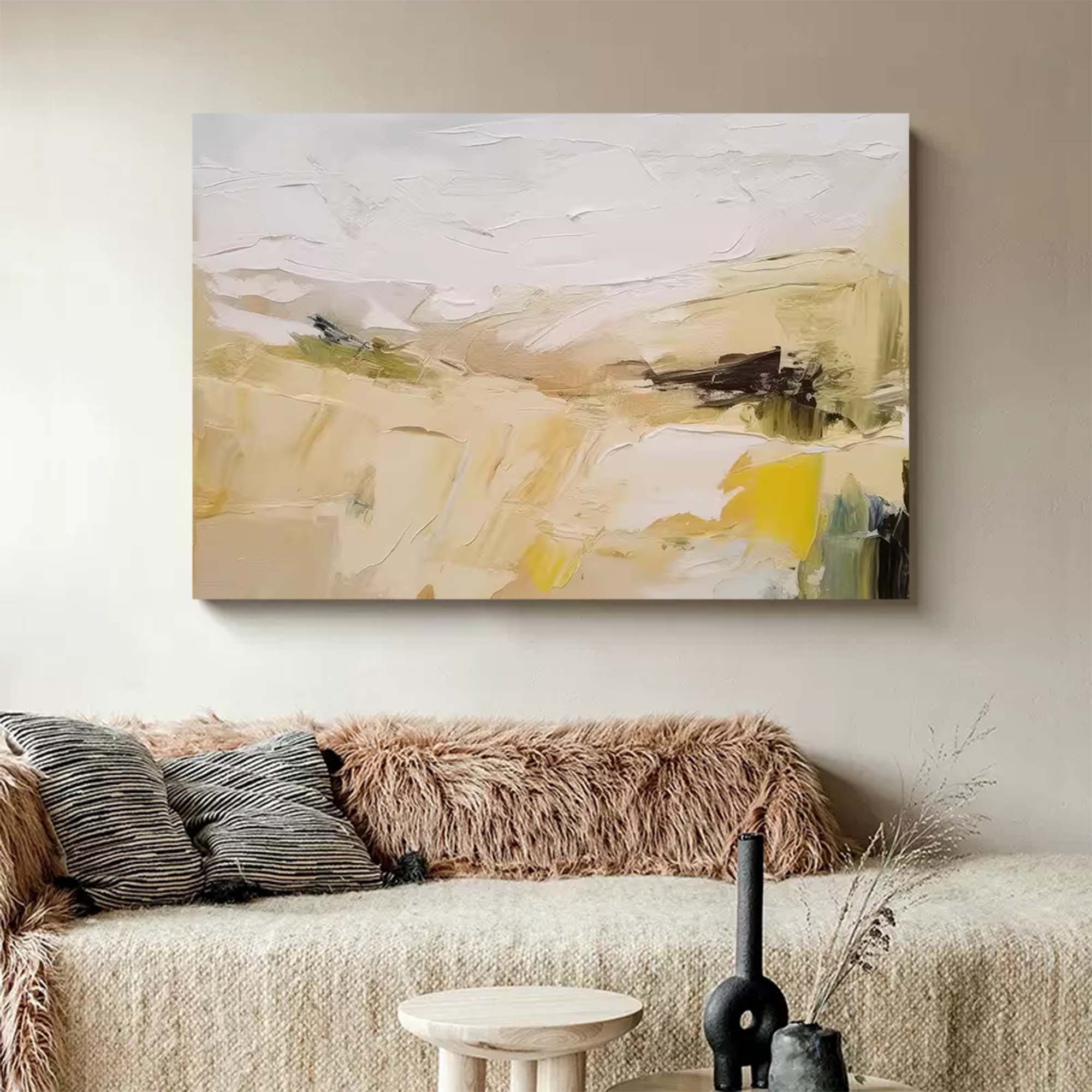 Large Abstract Landscape Oil Painting On Canvas Original Minimalist Yellow Wall Art Modern Nature Art for Living Room