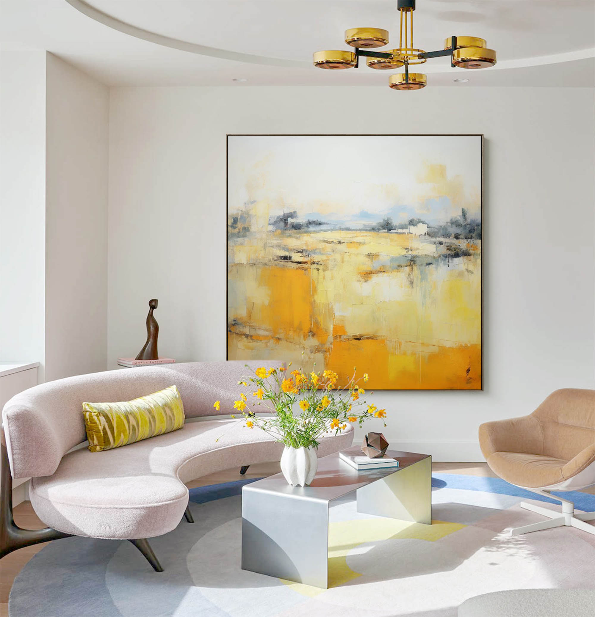 Square Abstract Oil Painting On Canvas Original Yellow Modern Acrylic Painting Large Wall Art Home Decor