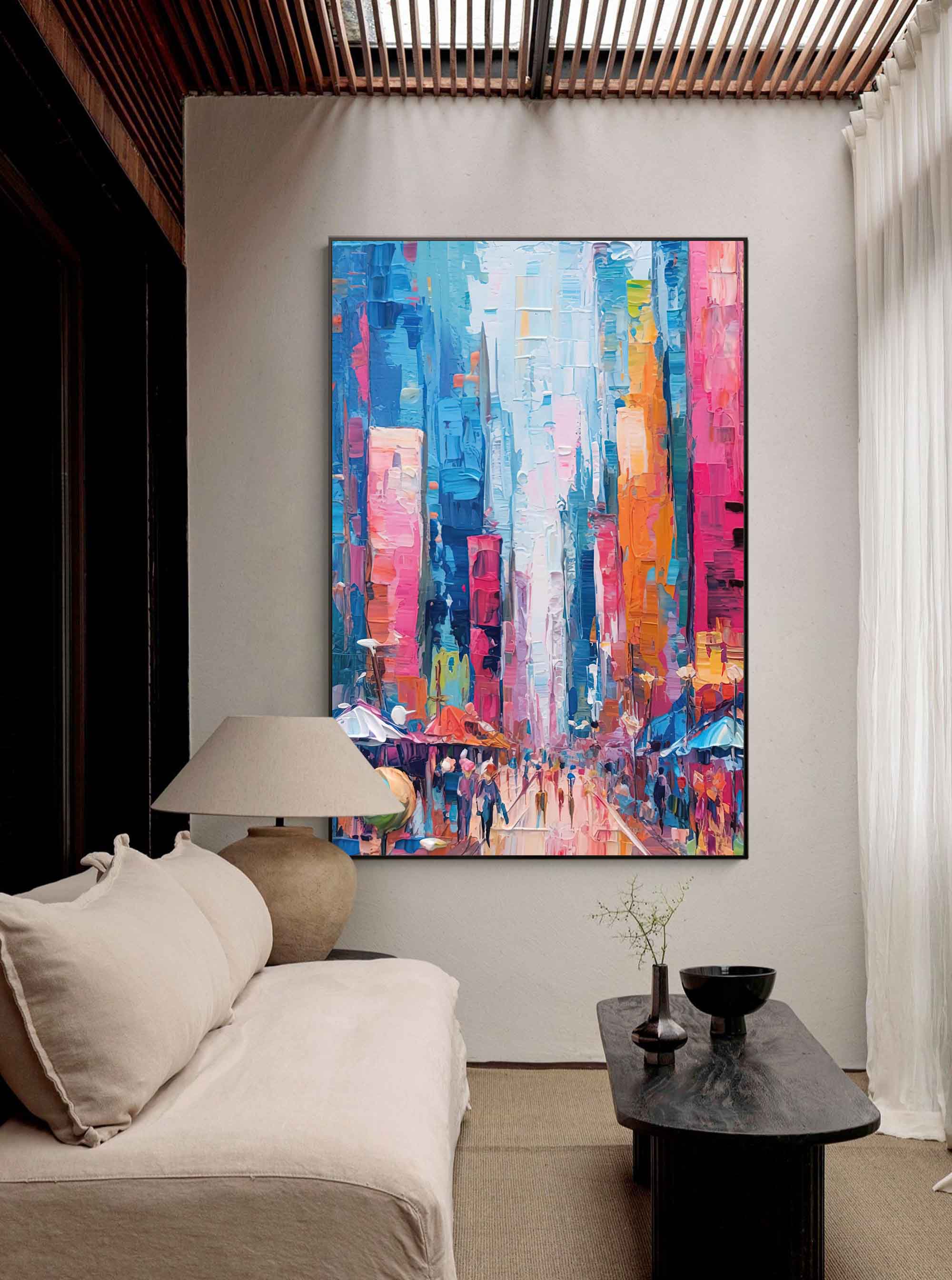 Modern Abstract Colorful Cityscape Oil Painting On Canvas Original Urban Scene Art Large Wall Art Home Decor