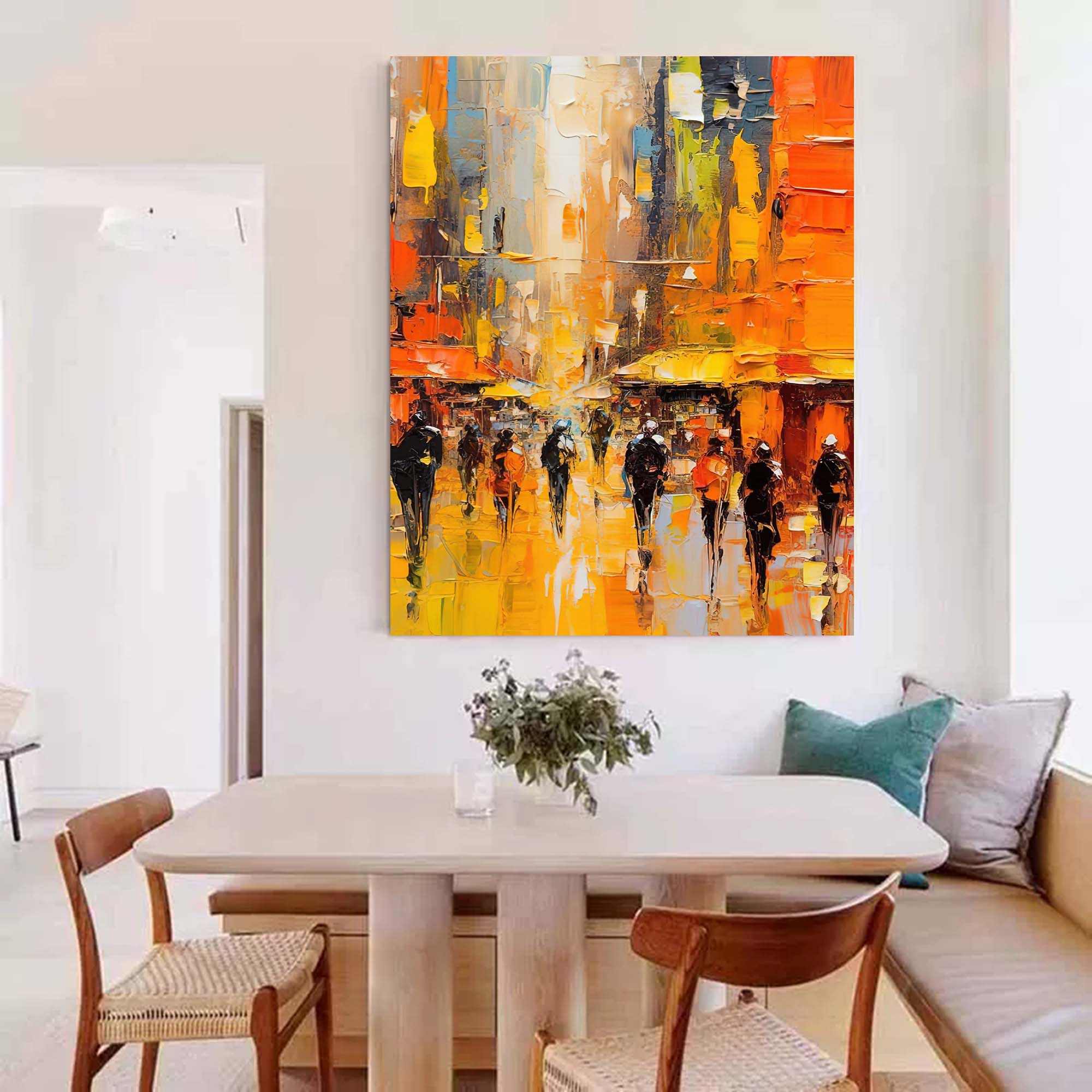 Yellow Abstract Large Cityscape Oil Painting On Canvas Original Urban Scene Art Modern Colorful Wall Art Living Room