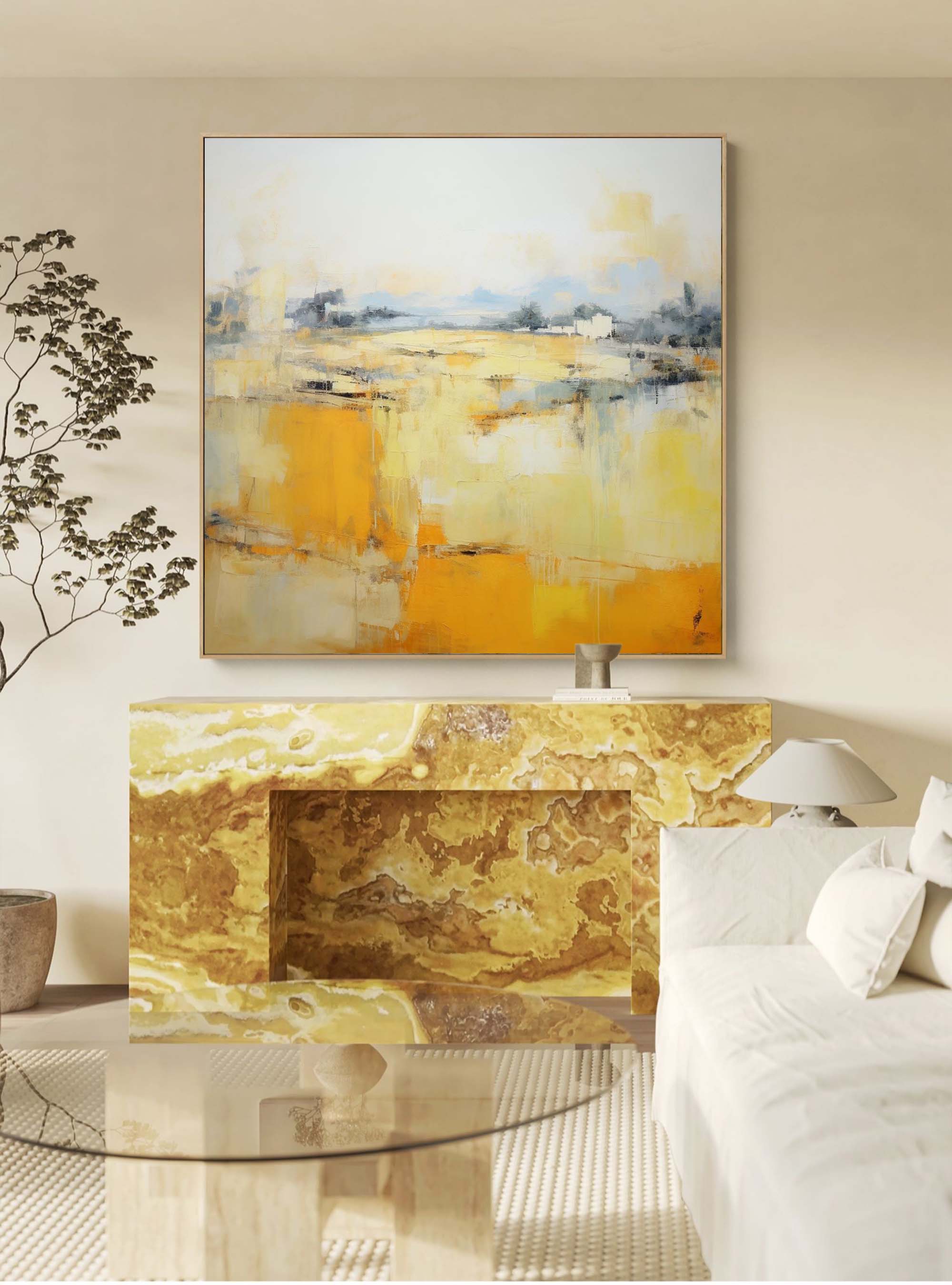 Square Abstract Oil Painting On Canvas Original Yellow Modern Acrylic Painting Large Wall Art Home Decor