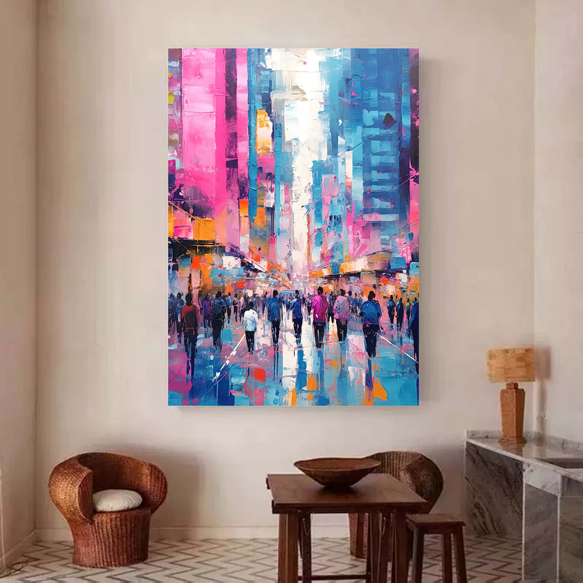 Abstract Urban Scene Art Original Modern Cityscape Oil Painting On Canvas Large Colorful Wall Art Living Room Decor