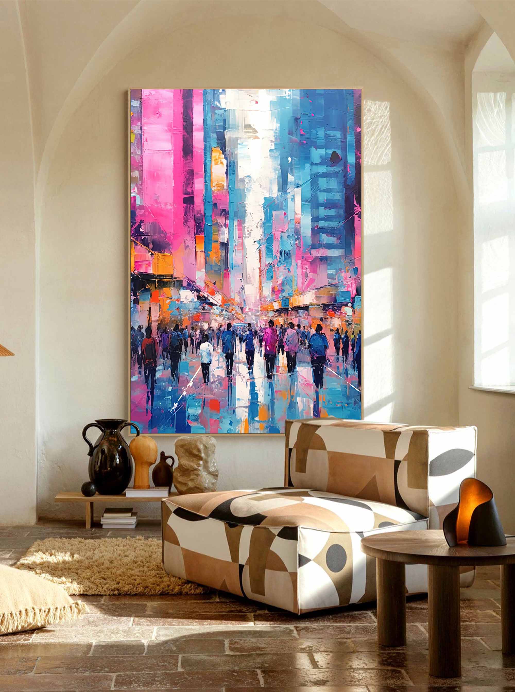 Abstract Urban Scene Art Original Modern Cityscape Oil Painting On Canvas Large Colorful Wall Art Living Room Decor