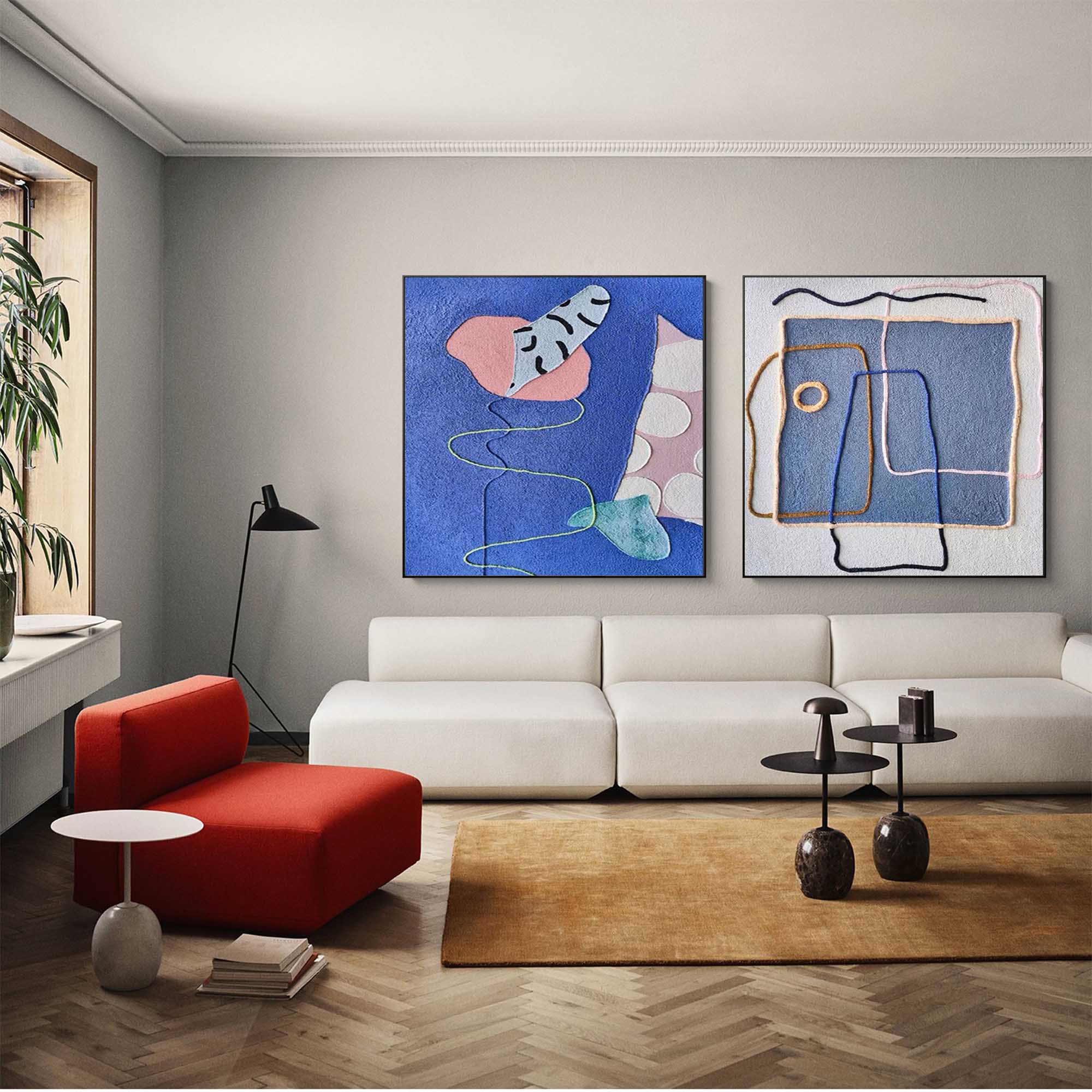 Set of 2 Large Abstract Modern Blue Square Original Oil Paintings On Canvas Graffiti Texture Wall Art Living Room Decor