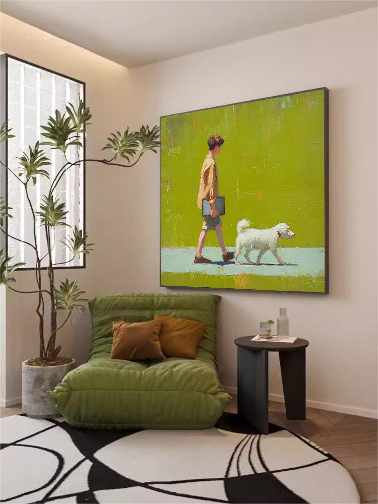 Minimalist Boy Walking The Dog Painting Abstract Peaceful atmosphere Landscape Green Grassland Wall Art