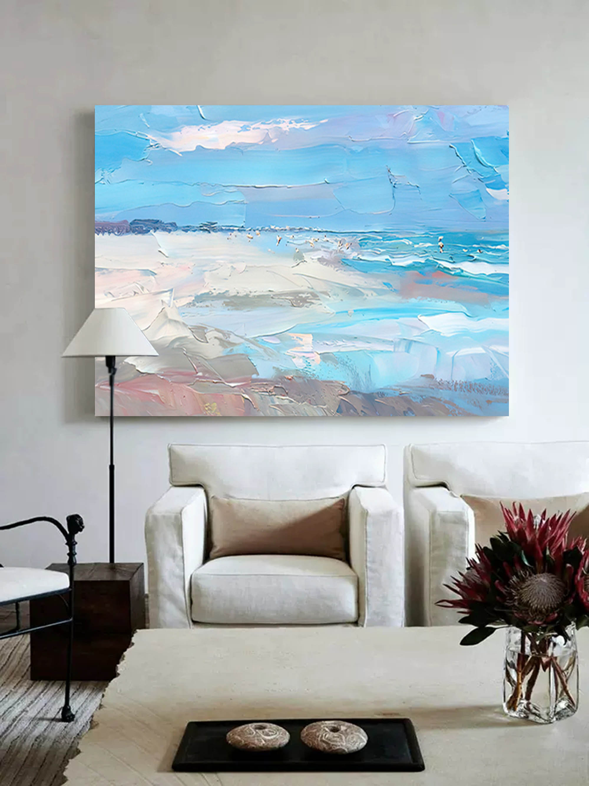 Original Blue Ocean Abstract Oil Painting Large Ocean Beach 3D Texture Painting Ocean Canvas Wall Art Living Room Decor