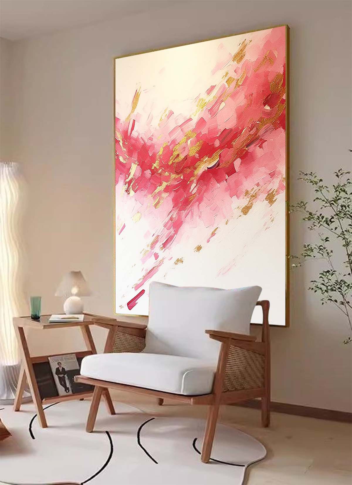 Large Pink Modern Acrylic Painting On Canvas Gold Texture Abstract Oil Painting High Quality Original Artwork